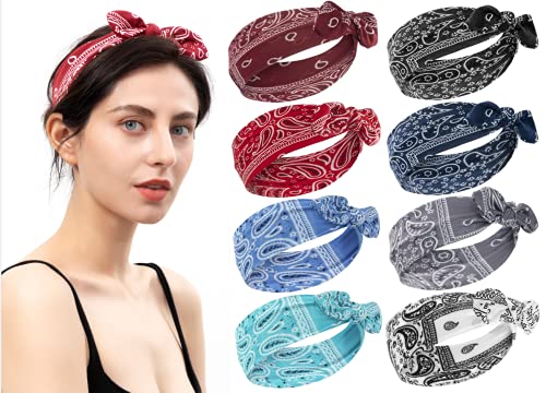 Habibee 8-Piece Boho Headbands for Women - Rabbit Ear & Floral Print Wide Hairbands with Bows | Fashionable & Sporty Hair Accessories for Women & Girls | Perfect for Yoga, Running, Workouts & Casual Outfits