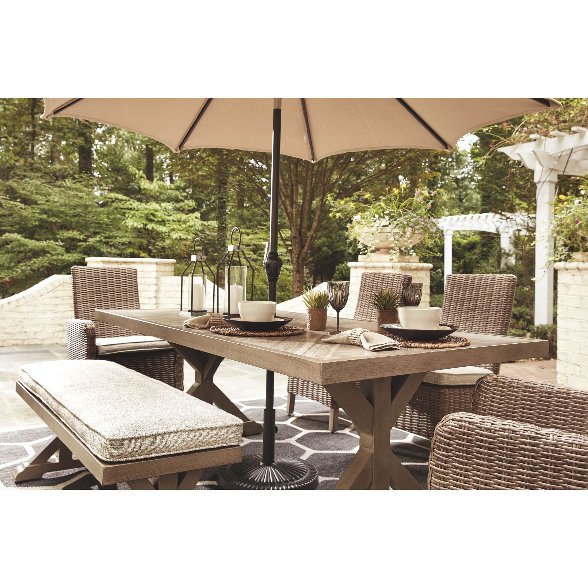 Beachcroft 7-Piece Outdoor Patio Dining Set - Beige Wicker Furniture for Backyard, Garden, Poolside & Deck - Weather-Resistant Rattan Table & Chairs