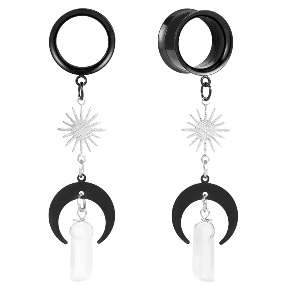 2PCS Moon Pendant Natural Stone Stainless Steel Dangle Ear Plugs Tunnels Stretcher Piercing Body Jewelry for Women Men - Boho Chic Style for Parties, Concerts & Everyday Wear