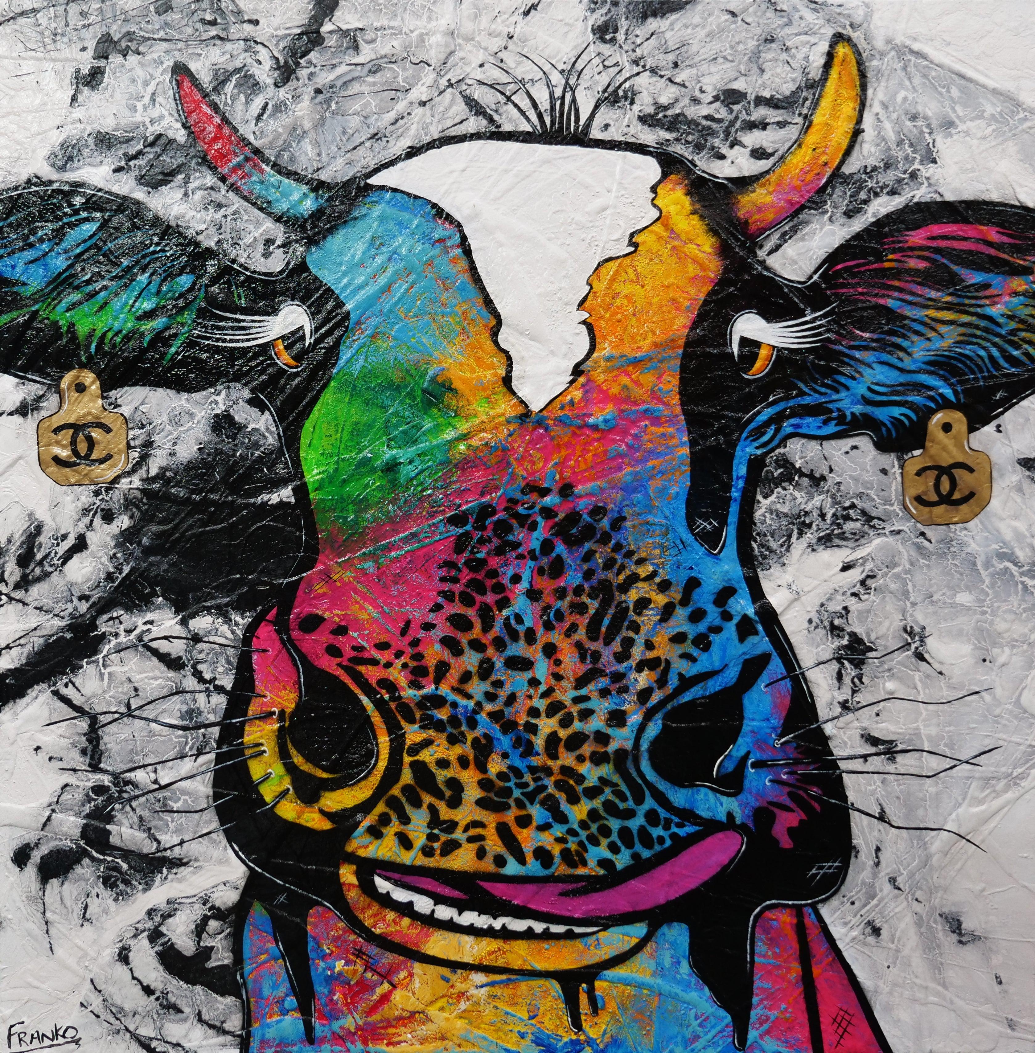 Lickety Sterling 120cm x 120cm Cow Urban Pop Art Textured Canvas Painting - Modern Home Decor for Living Room, Bedroom & Office Wall Art