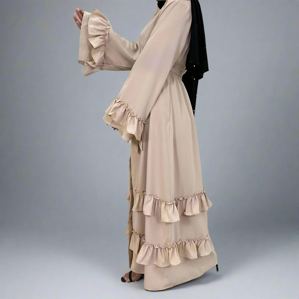 Elegant Muslim Women's Ruffle Sleeve Cardigan Open Robe Abaya Dress - Modest Islamic Clothing for Prayer, Home & Special Occasions