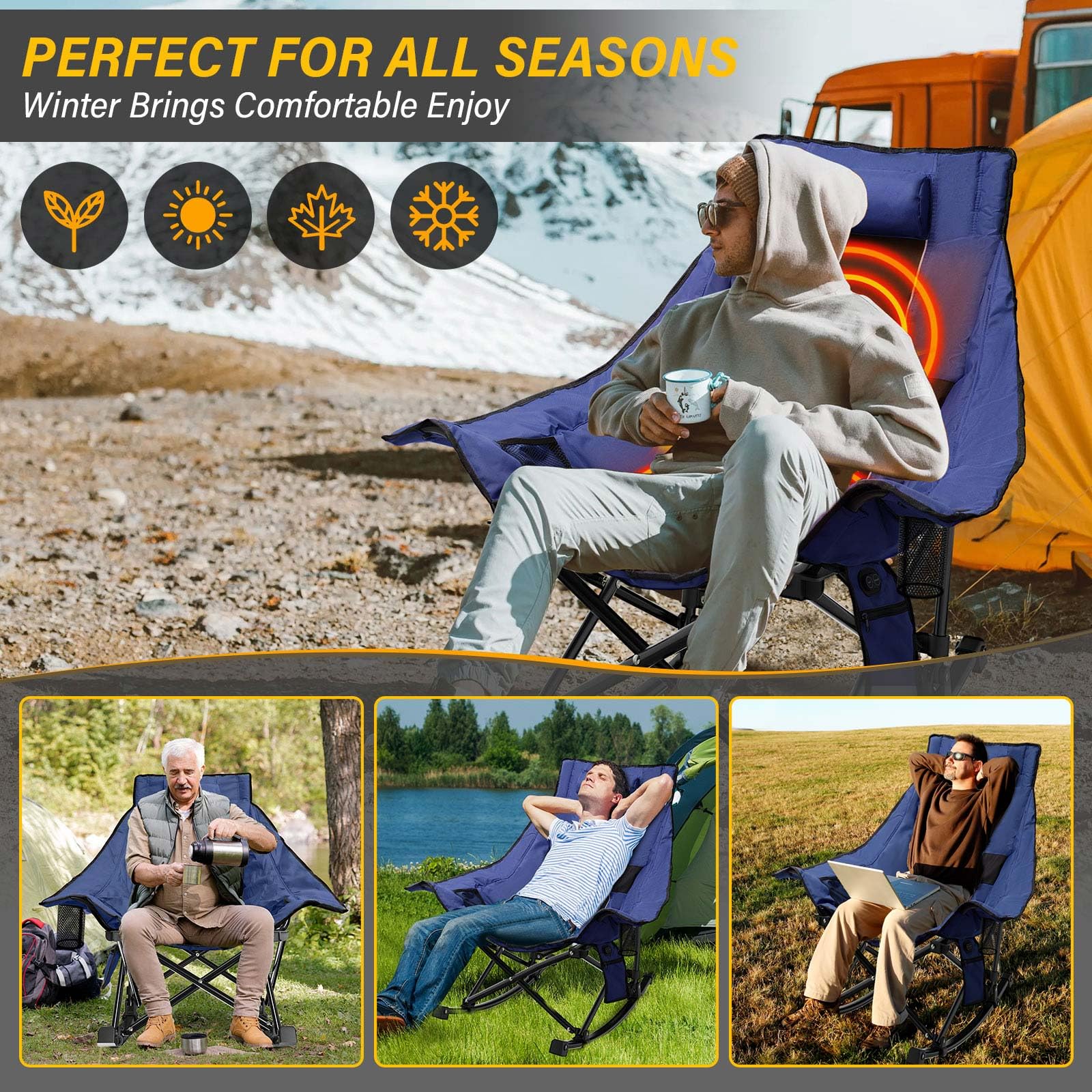 XL Heated Camping Chair with 3-Level Adjustable Heating for Back & Seat - Oversized Portable Outdoor Folding Rocking Chair for Camping, Backyard, Fishing & Winter Sports - Heavy Duty Lawn Chair with Heating