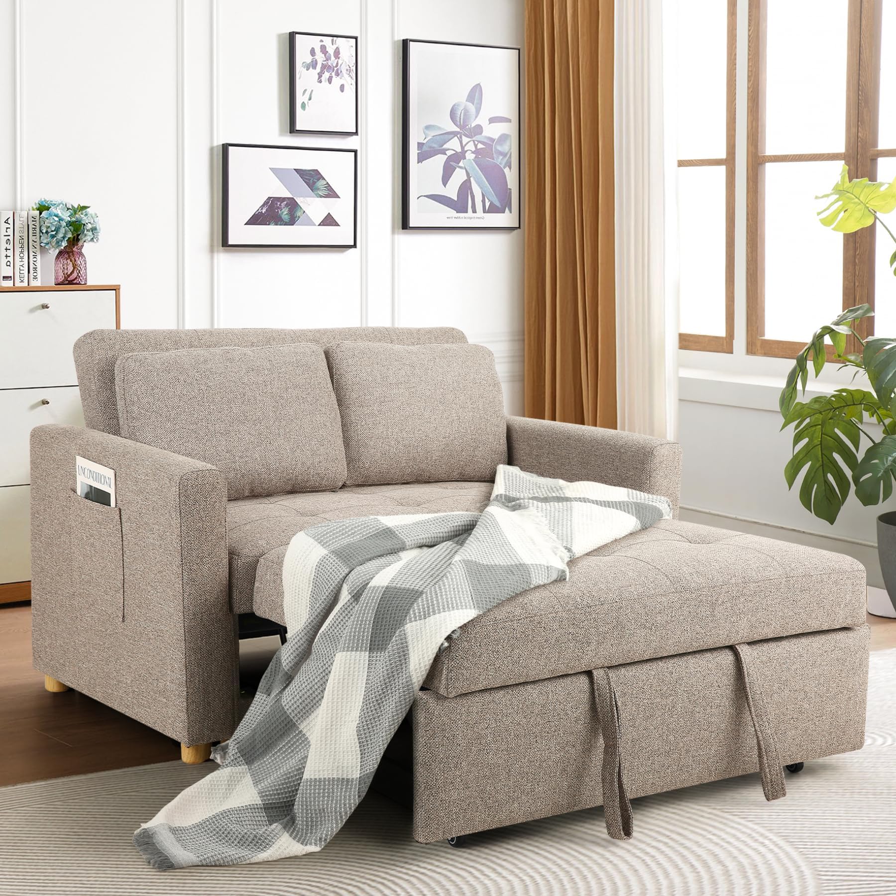 SEJOV 3-in-1 Convertible Sofa Bed with Linen Fabric - Pull Out Sleeper Couch, 49
