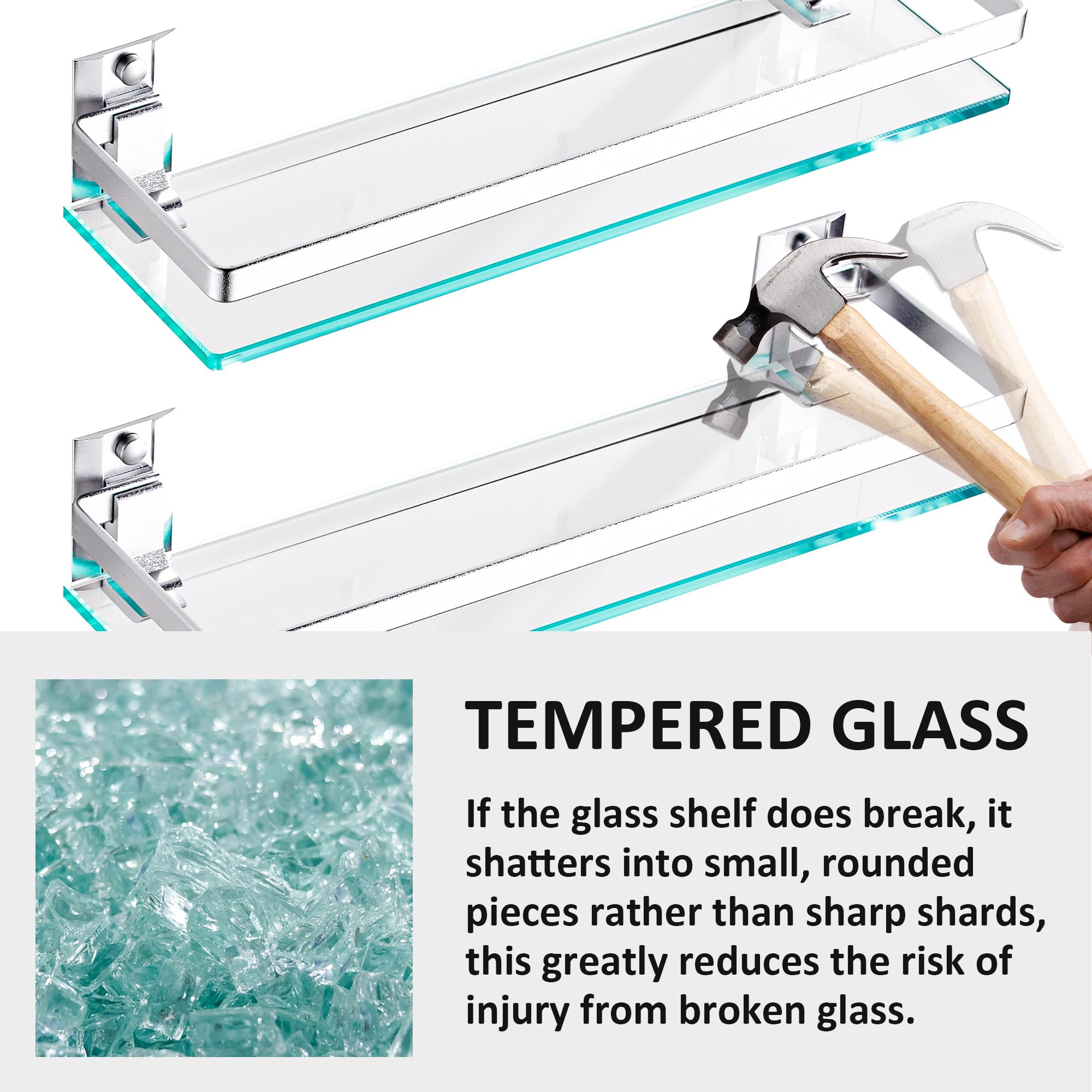 Premium Tempered Glass Bathroom Shelf with Upgraded Bracket - Silver Rectangular Shower Organizer (2 Pack) for Bathroom Storage & Spa Decor - Perfect for Shampoo, Soap & Towel Organization in Showers, Vanities & Spa Areas