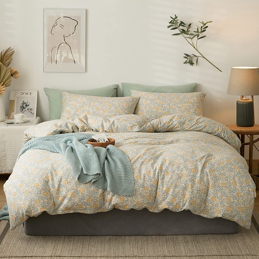 EAVD Vintage Floral Duvet Cover Set King Size - 100% Soft Jersey Knit Cotton Beige Flower Bedding with 2 Pillowcases, Zipper Closure & 4 Ties - Shabby Chic Comforter Set for Master Bedroom, Guest Room & Cozy Farmhouse Decor