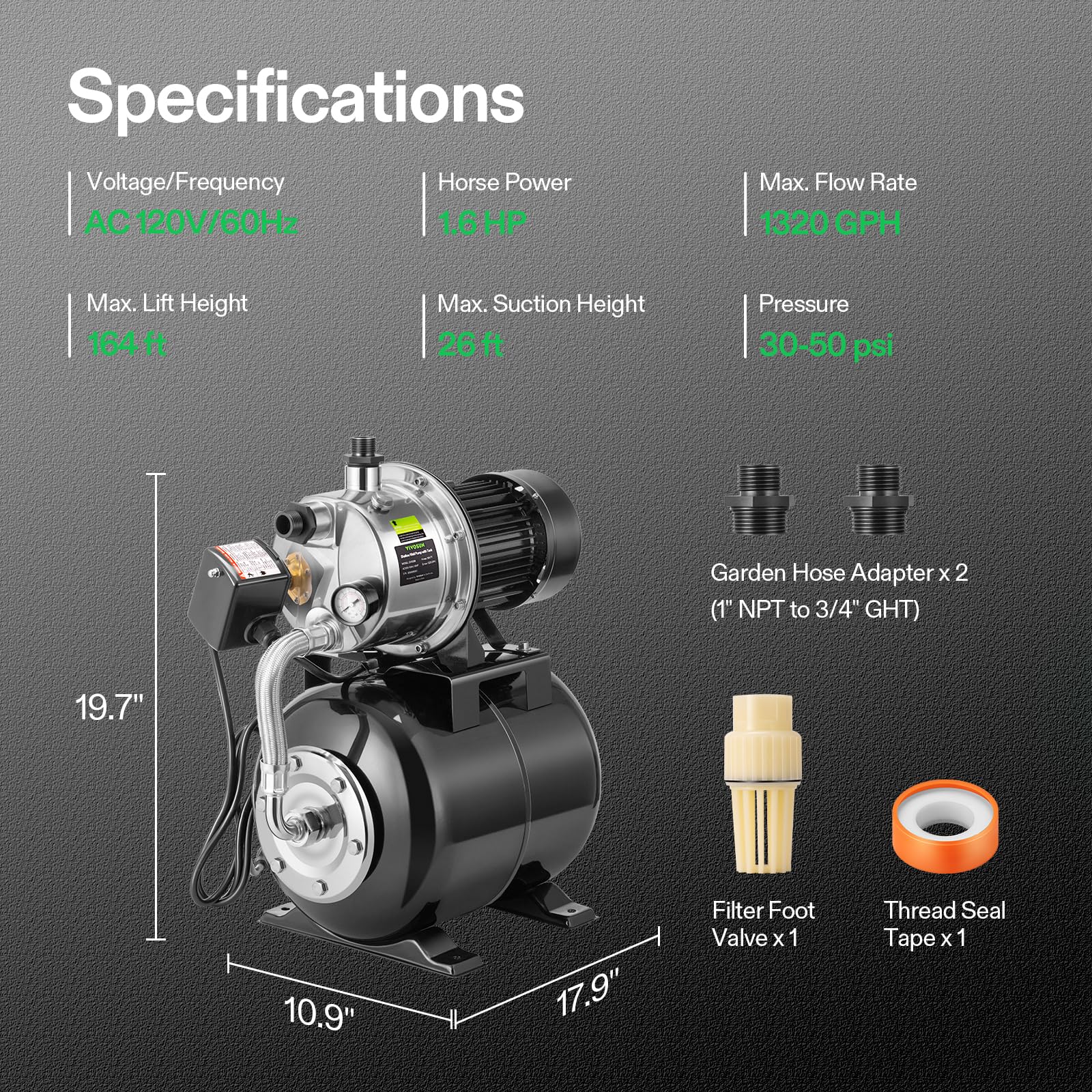 VIVOSUN 1.6 HP Shallow Well Pump with Pressure Tank - NSF Certified Stainless Steel Water Booster Pump (1320 GPH) - Includes Two Adapters for Home, Garden, Lawn Irrigation & Water Supply Systems