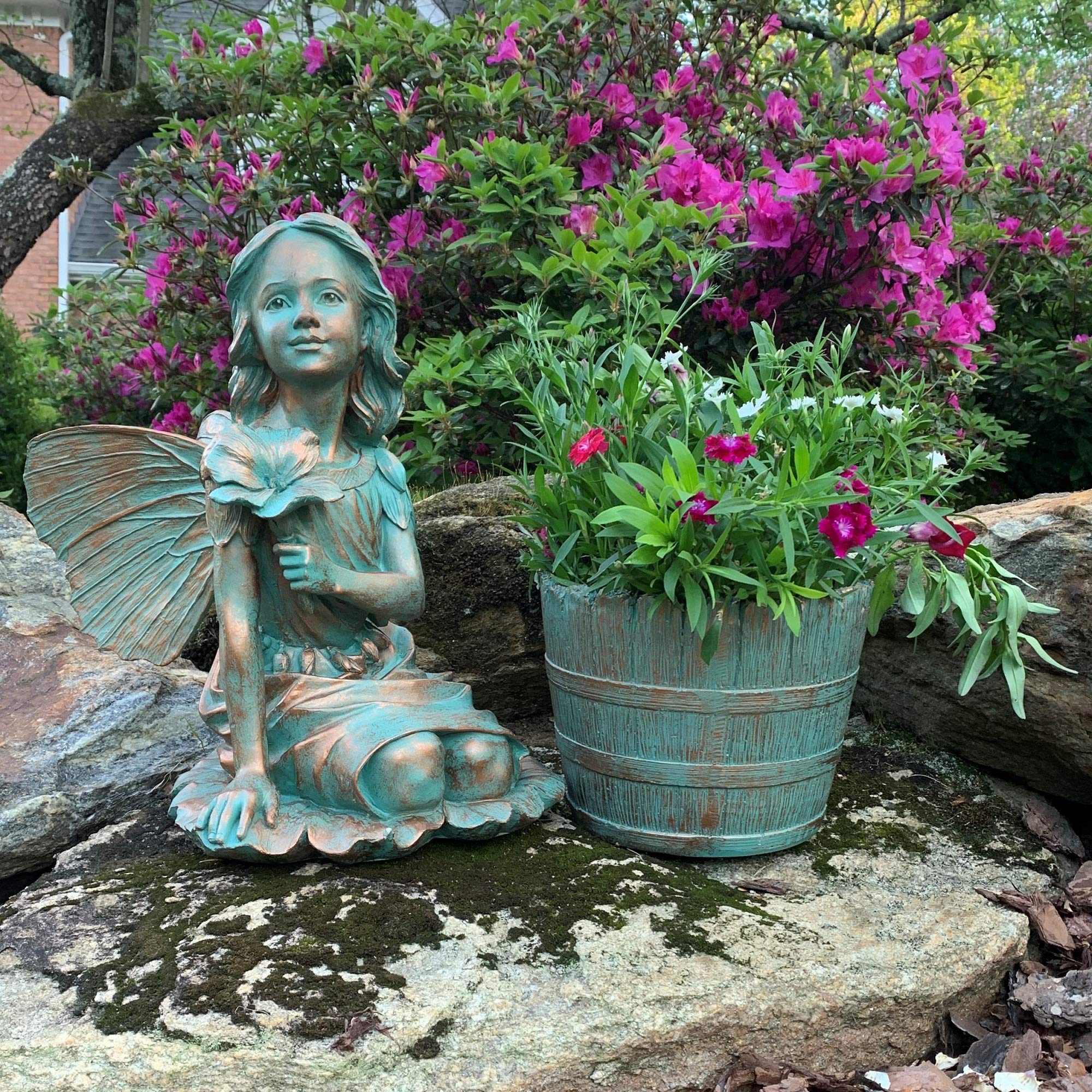 14 Inch H Gabriella Fairy Statue with Bronze Patina Barrel Planter Pot - Elegant Home & Garden Decor for Outdoor Patio, Fairy Garden, and Indoor Display