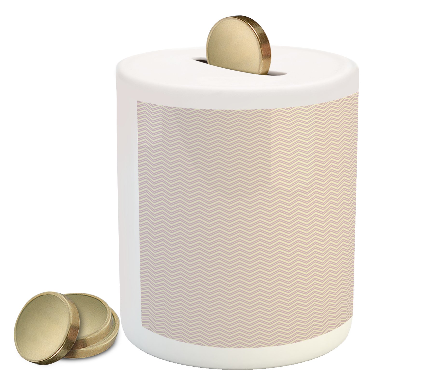 Ambesonne Retro Ceramic Piggy Bank - Horizontal Chevron Zig Zag Geometric Monochrome Design for Cash Saving | Nostalgic Printed Money Box in Cream & Lavender | Perfect for Kids' Savings, Home Decor & Gift Ideas