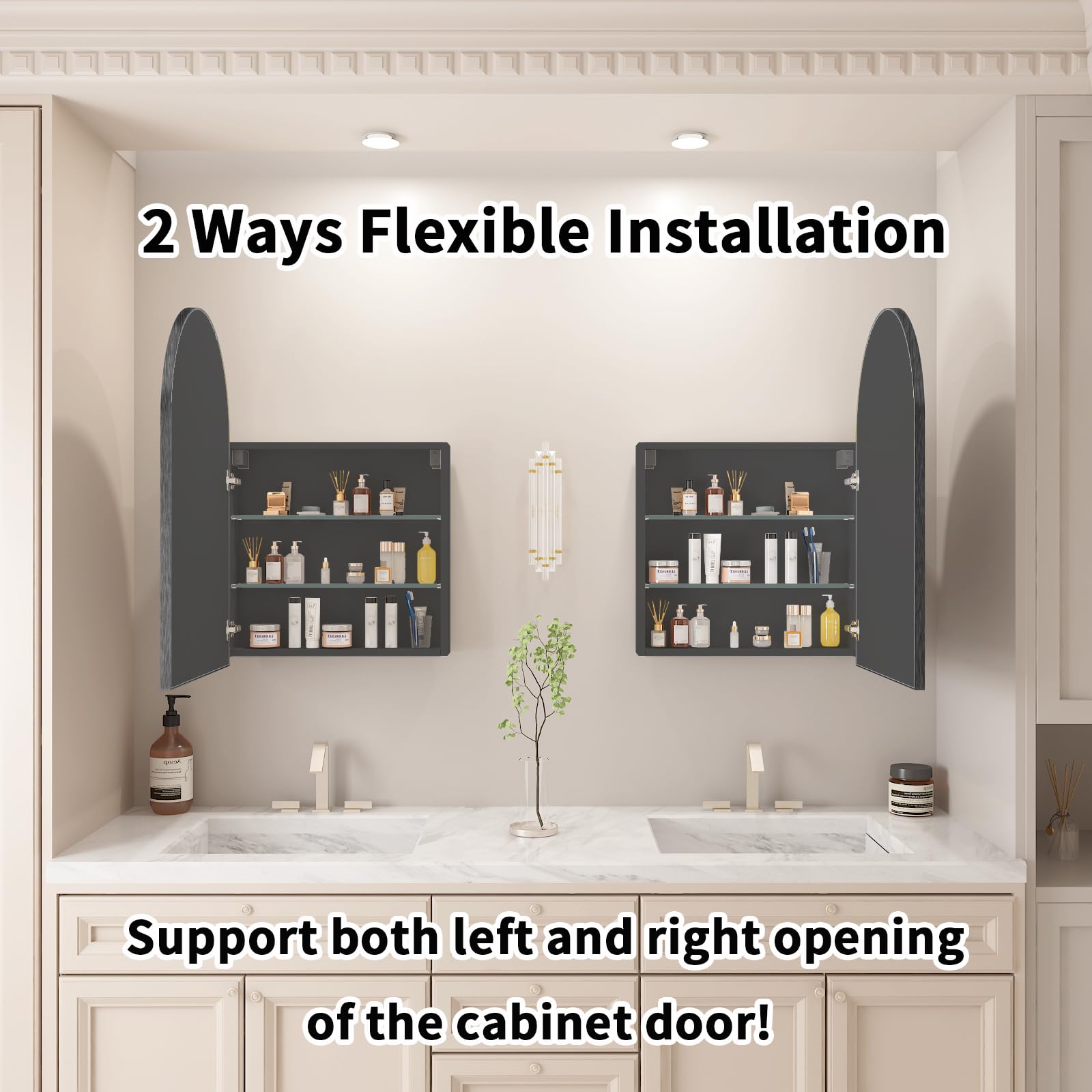 Black Arched Wall Mounted Medicine Cabinet with Mirror - 20x32 Inch Modern Vanity Storage Cabinet with Adjustable Shelves (Not Recessed) - Perfect for Bathrooms, Bedrooms & Powder Rooms
