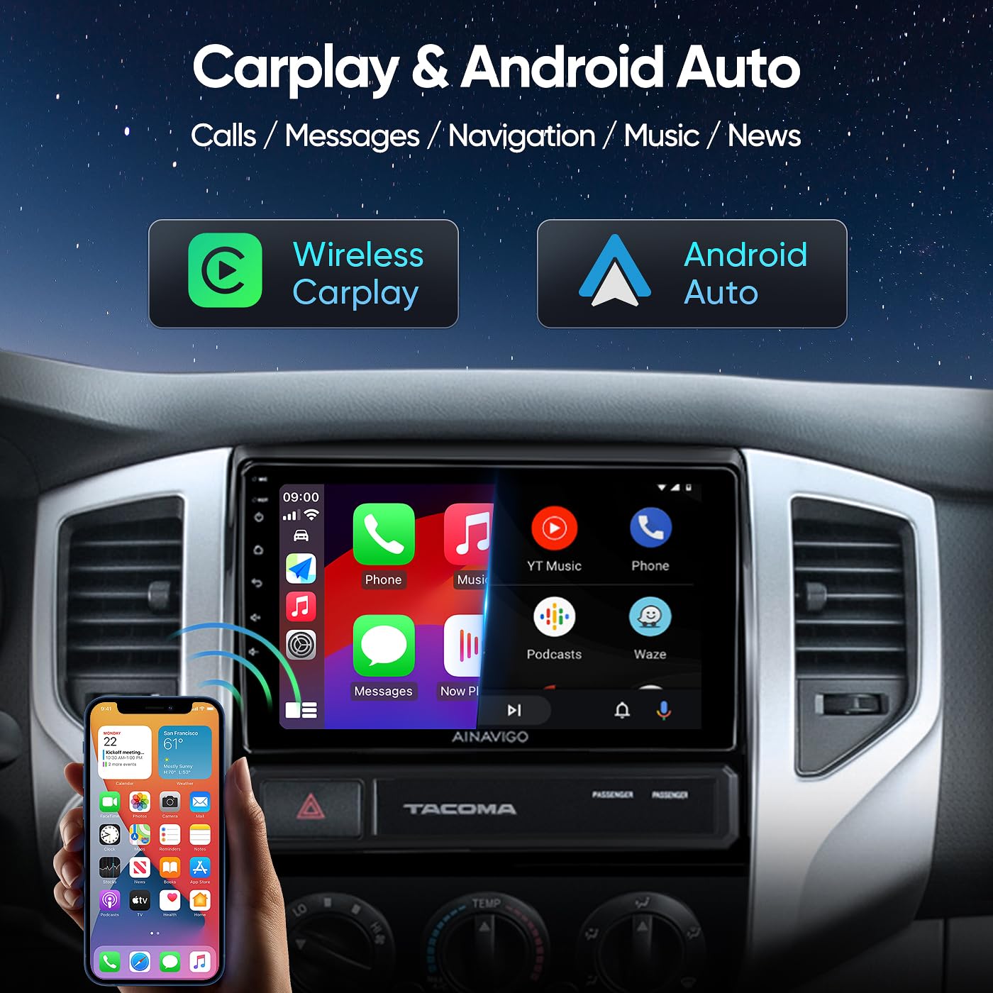 9 Inch Android 12 Car Stereo for Toyota Tacoma 2005-2015 - 5G WiFi, Wireless CarPlay & Android Auto, Touch Screen GPS Navigation, Bluetooth, FM/RDS Radio, HD Backup Camera - Perfect for Road Trips & Daily Commutes