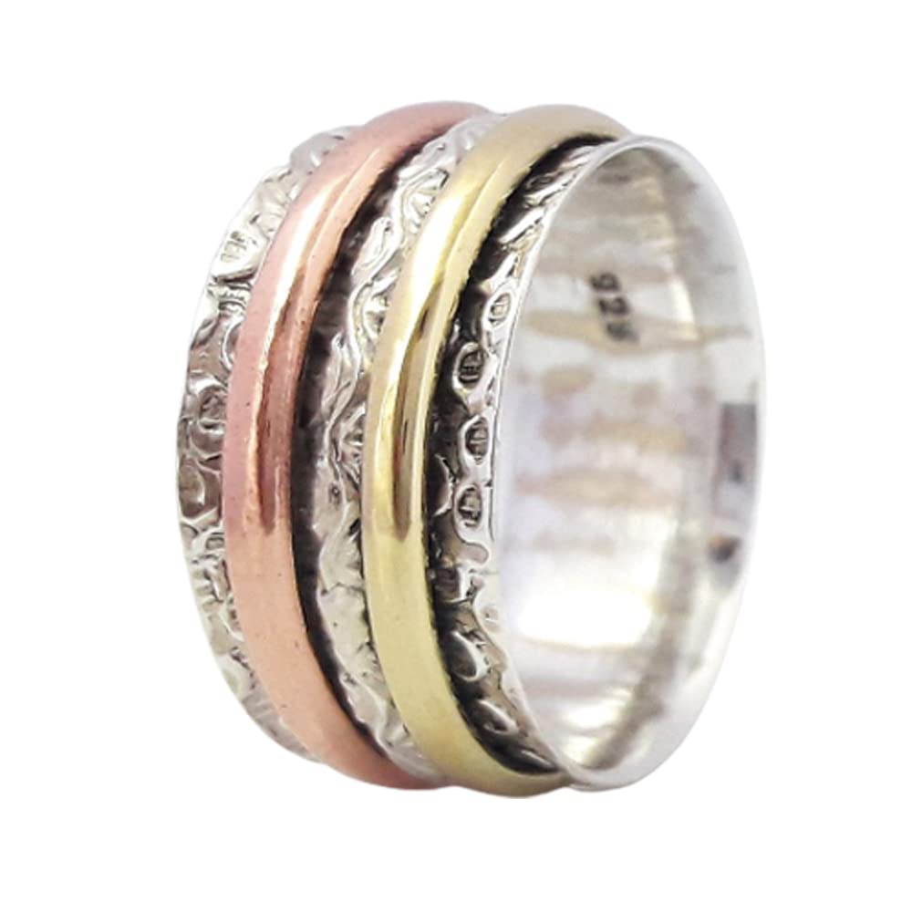 925 Sterling Silver Rose Gold Spinner Ring - Handmade Hammered Meditation & Worry Ring for Stress Relief, Boho Chunky Textured Jewelry | Perfect for Anxiety Relief, Fidgeting, Mindfulness Practice & Stylish Everyday Wear