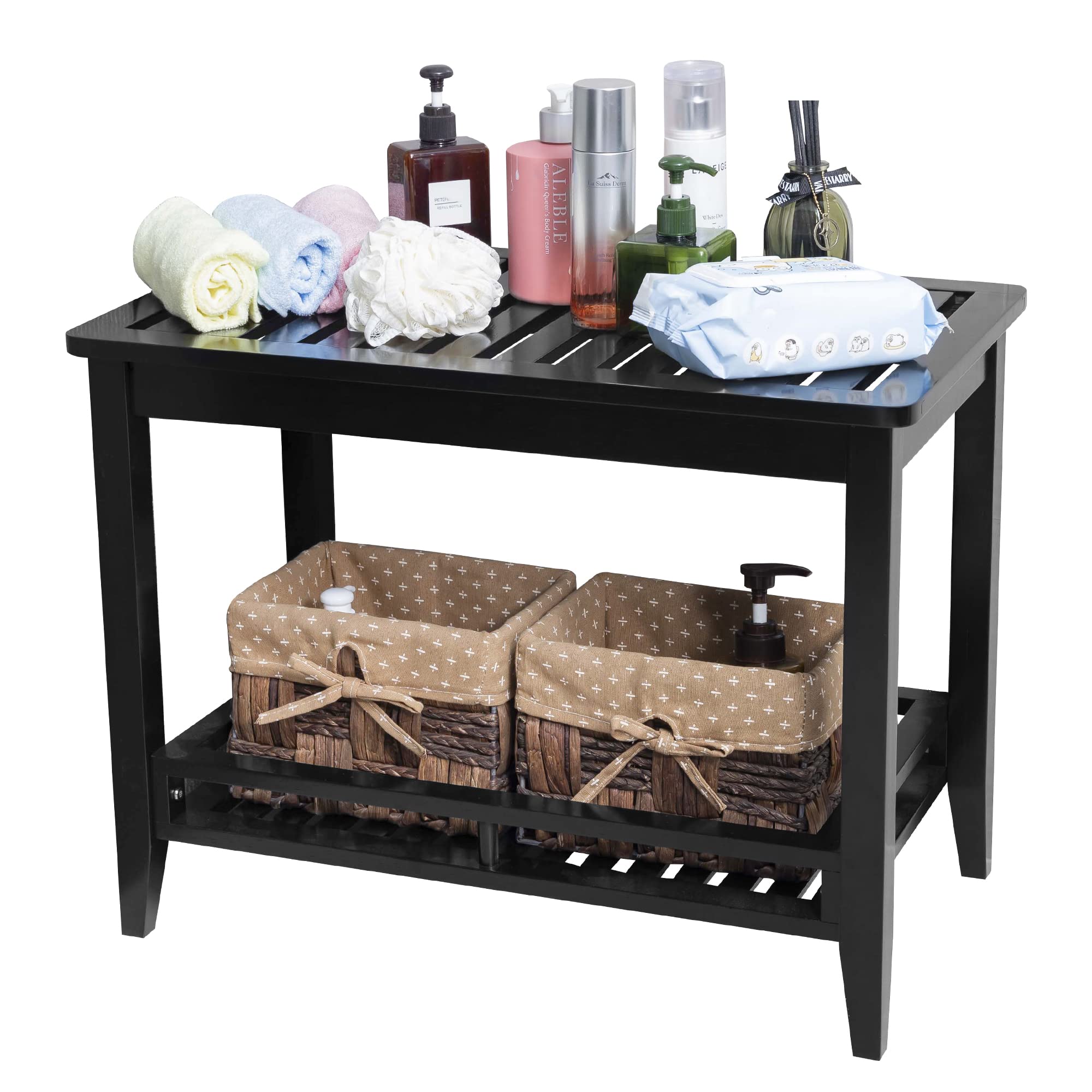 Premium Bamboo Shower Bench with Storage Shelf - Non-Slip Bath Stool Seat for Elderly & Shaving - Waterproof Shower Chair for Bathroom Safety & Spa Relaxation - Perfect for Small Spaces & Handicap Accessibility (Black)