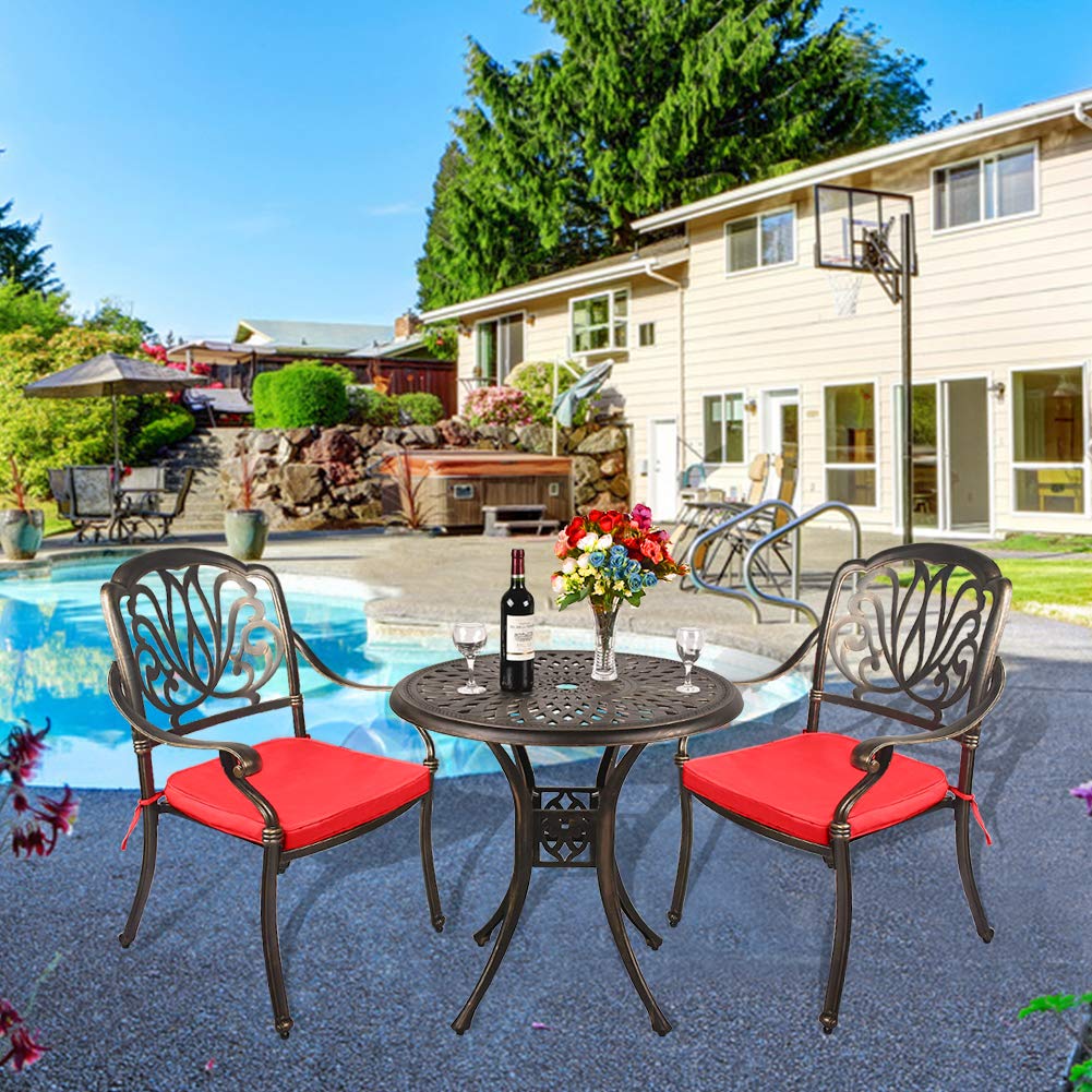 TITIMO 3-Piece Cast Aluminum Patio Dining Set - Outdoor Bistro Furniture with Weather-Resistant Table & Chairs, Cushions & Umbrella Hole - Perfect for Garden, Backyard, Poolside & Outdoor Entertaining (Red)