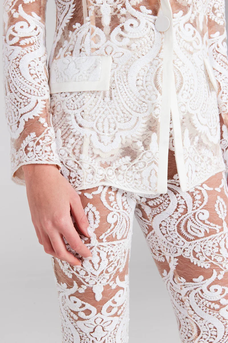 2023 Women's White Lace 2-Piece Outfit - Sexy See-Through Suit Coat & Flare Pants Set for Evening Parties, Date Nights & Special Occasions