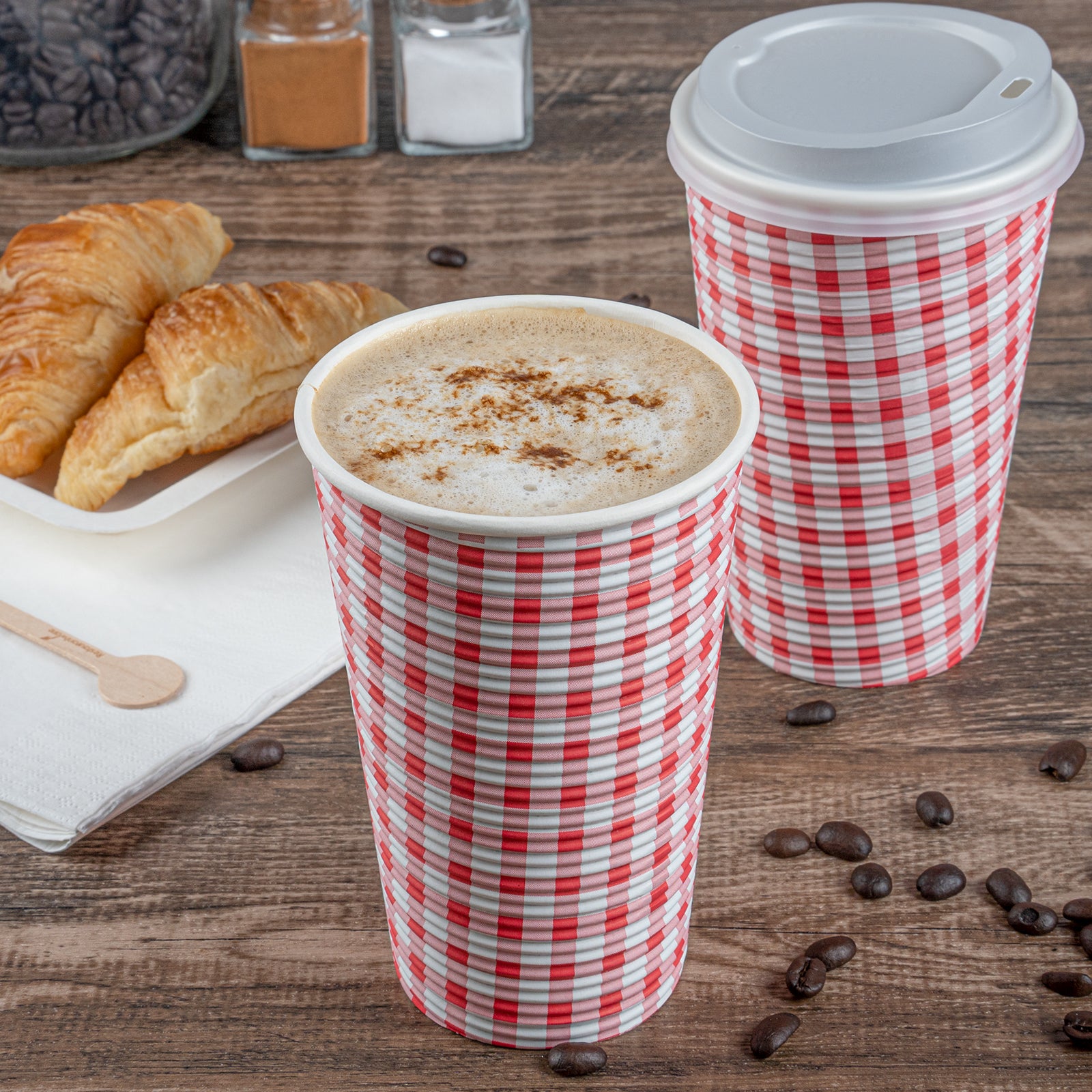 16 oz Disposable Paper Coffee Cups with Picnic Print - Spiral Wall Design - 3.5