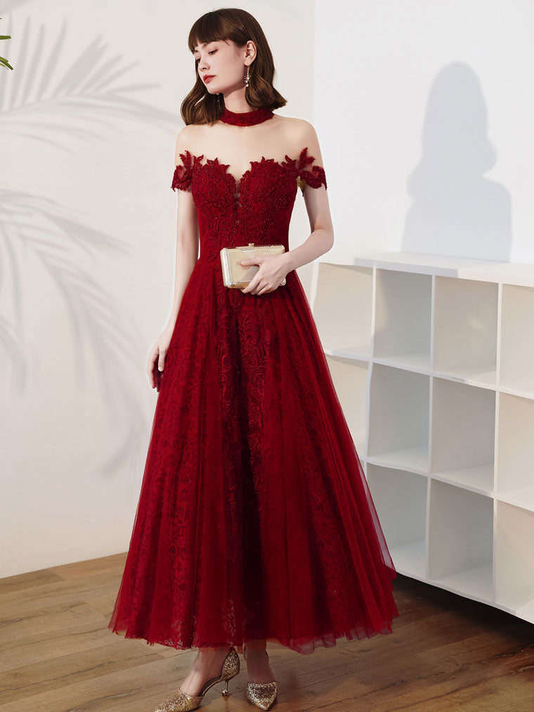 Elegant Burgundy Tulle Lace Tea-Length Prom Dress | Burgundy Evening Gown for Homecoming, Wedding Guest & Formal Events