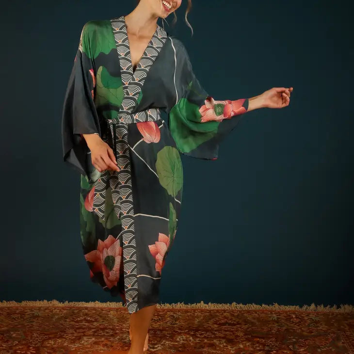 Elegant Crane At Sunrise Kimono Gown - Japanese Inspired Floral Robe for Women - Perfect for Spa Days, Yoga, and Relaxation at Home