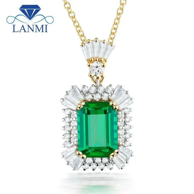 Luxury 18K Two-Tone Gold Emerald Cut Gemstone Pendant Necklace for Women - 7x9mm Natural Diamond & Emerald Jewelry - Perfect for Weddings, Anniversaries & Special Occasions