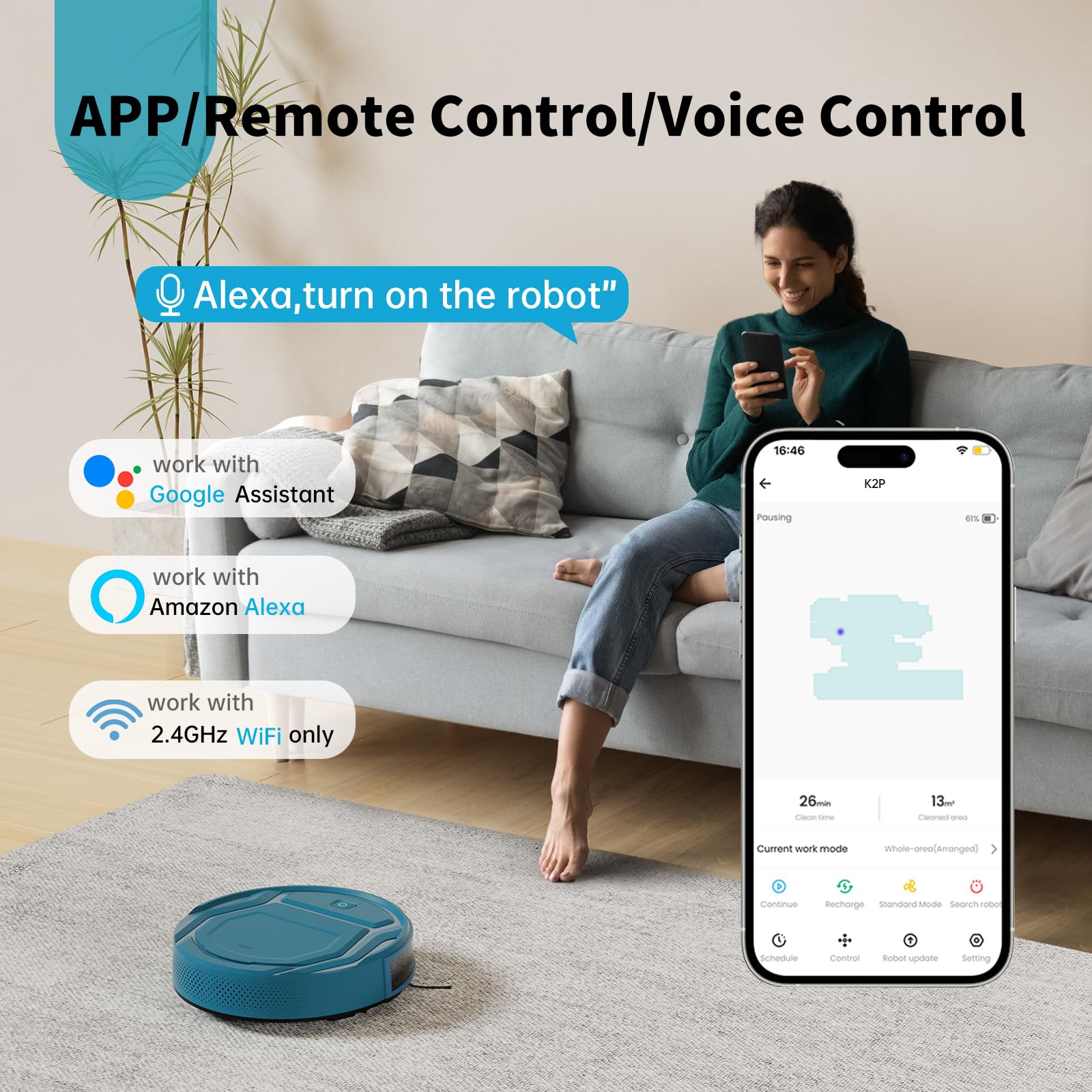 OKP K2-Pro Robot Vacuum Cleaner with WiFi/App/Alexa Control, Smart Mapping & Auto Charging - Powerful Suction for Pet Hair, Carpets & Hard Floors - Ultra Quiet Cleaning for Home, Office & Apartment Use
