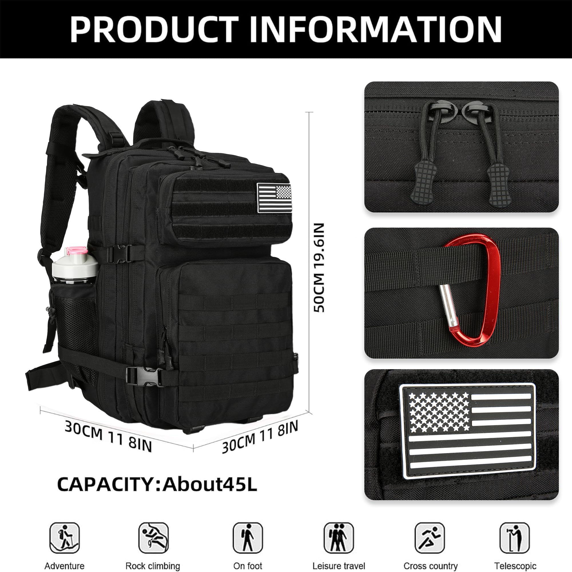 Lovelinks21 45L Tactical Assault Backpack - 3 Day Military Molle Waterproof Rucksack for Outdoor Camping, Hiking & Survival Gear (Black)