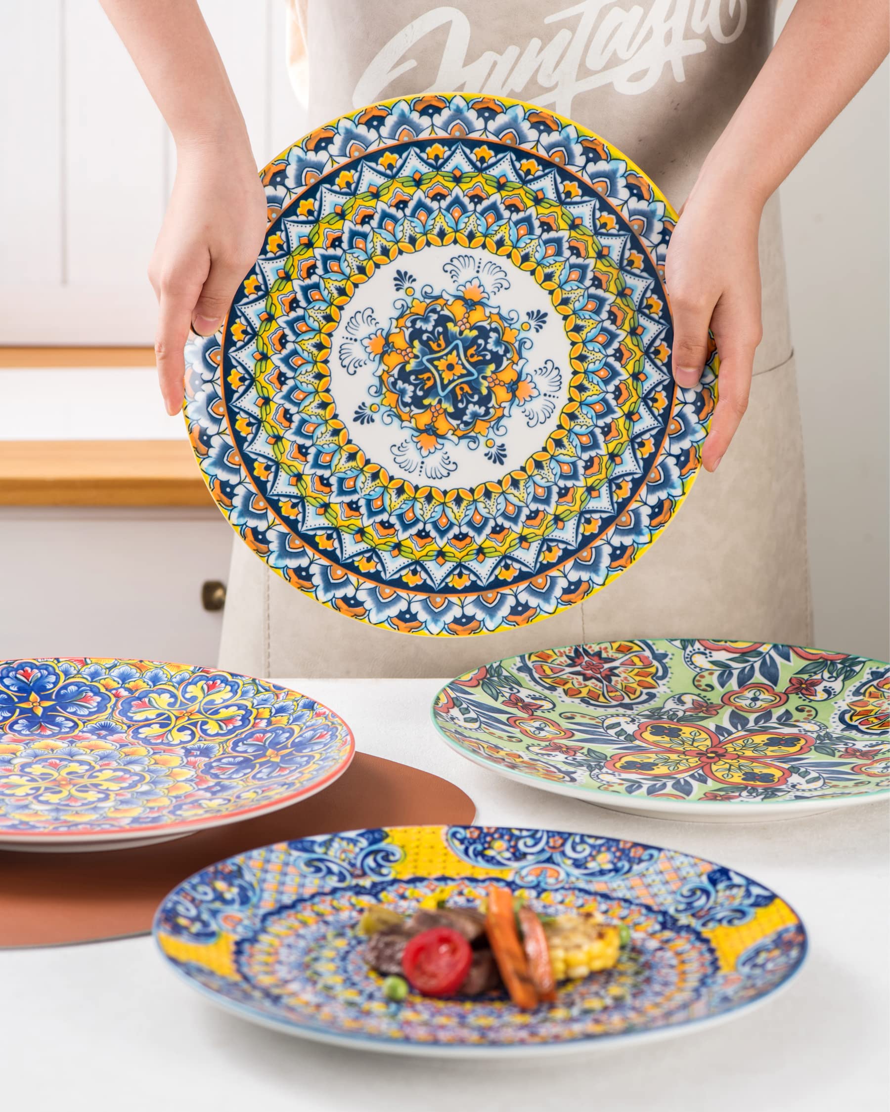 HENXFEN LEAD 10.5 Inch Porcelain Dinner Plates Set of 6 - Microwave & Oven Safe Colorful Serving Dishes for Pasta, Salad, Dessert | Bohemian Style Kitchen & Restaurant Dishware | Perfect for Daily Meals, Parties, and Fine Dining