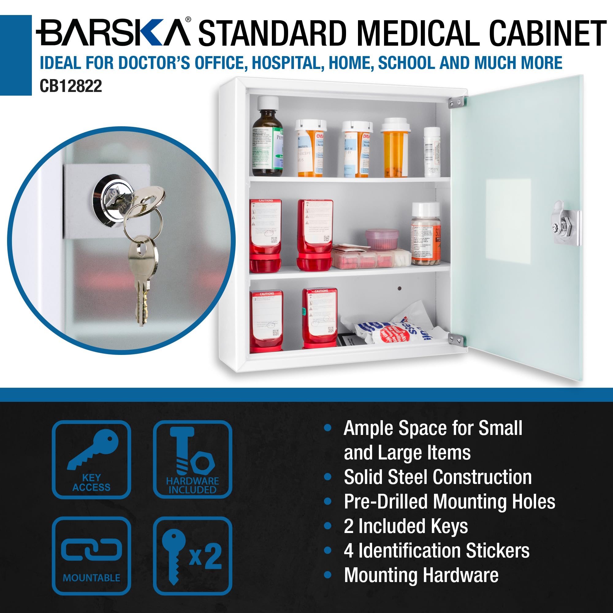 Large Wall Mount Steel Medical Medicine Storage Cabinet with Glass Door - Secure Organizer for Pharmacy, Clinic & Home Use