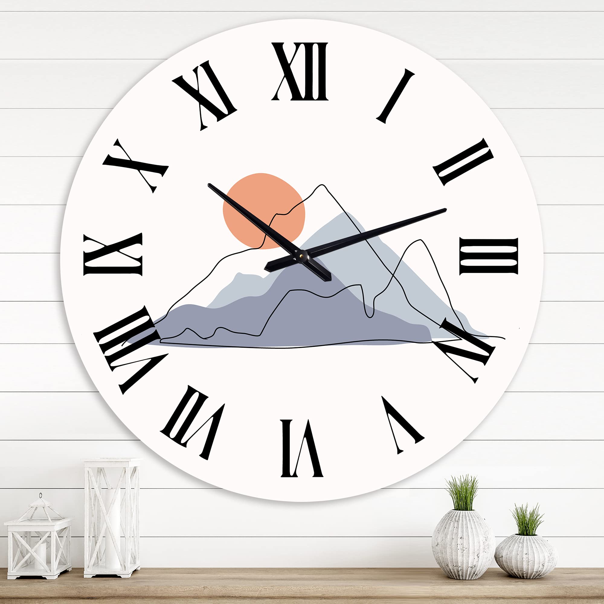Abstract Mountainscape with Red Moon - Modern Large Wall Clock for Home & Office Decor | Silent Non-Ticking, Battery Operated | Perfect for Living Room, Bedroom, Study