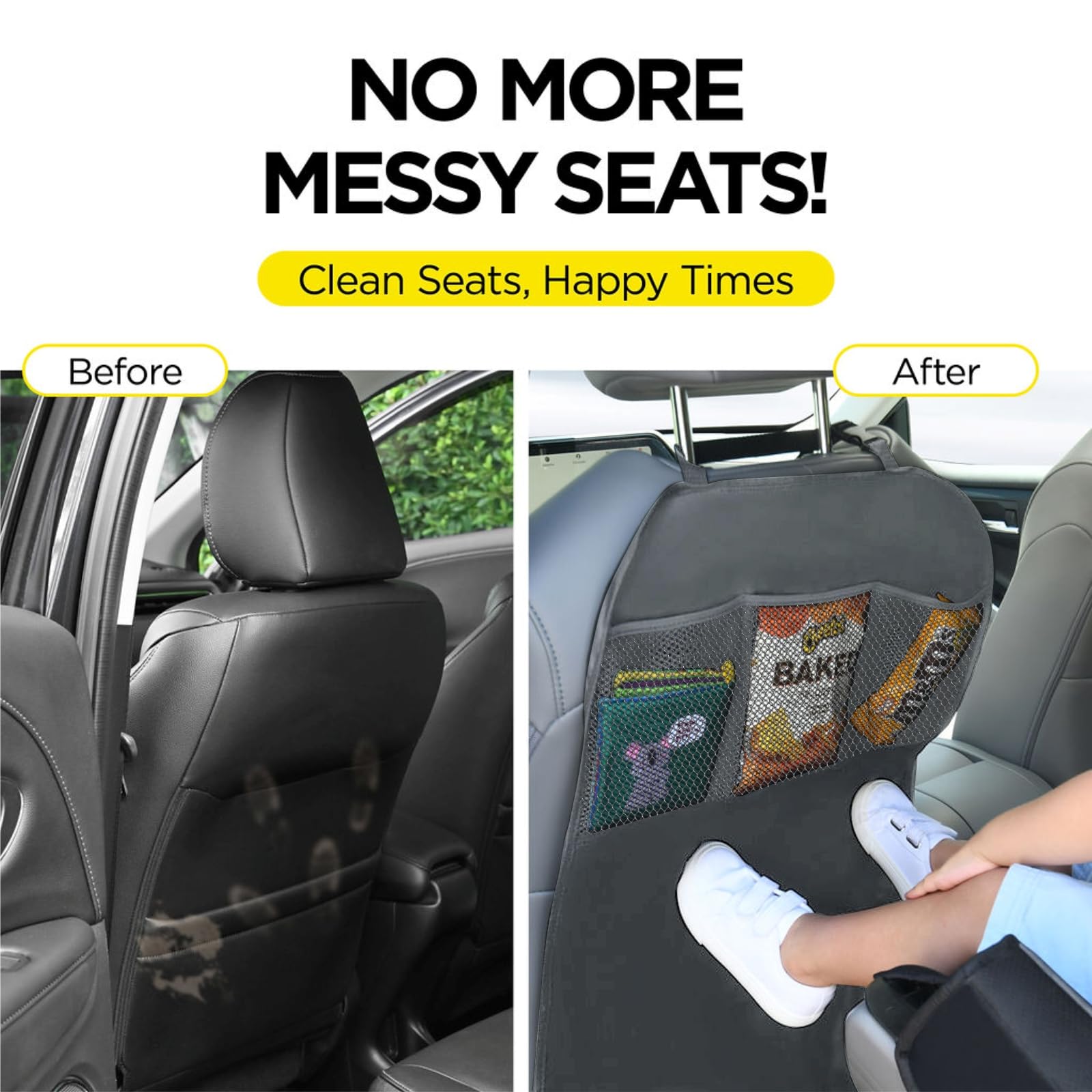 Lebogner 2-Pack X-Large Back Seat Cover for Kids with 3-Pocket Storage Organizer - Multifunctional Car Seat Protector for Vehicles, Prevents Dirt & Scuffs (Grey) - Perfect for Family Road Trips, School Runs & Pet Transport