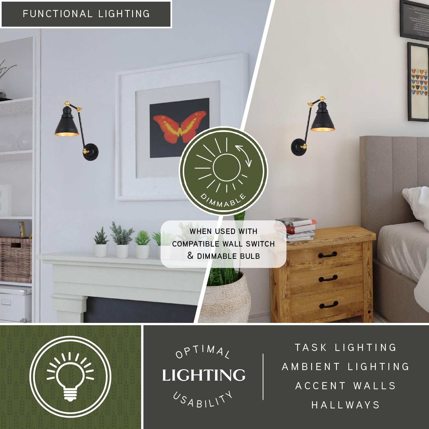 VAXCEL Alexis 6-Inch Adjustable Swing Arm Wall Lamp - Oil Rubbed Bronze & Satin Gold Finish with Metal Shade - Perfect for Bedroom Reading, Office Task Lighting & Living Room Decor