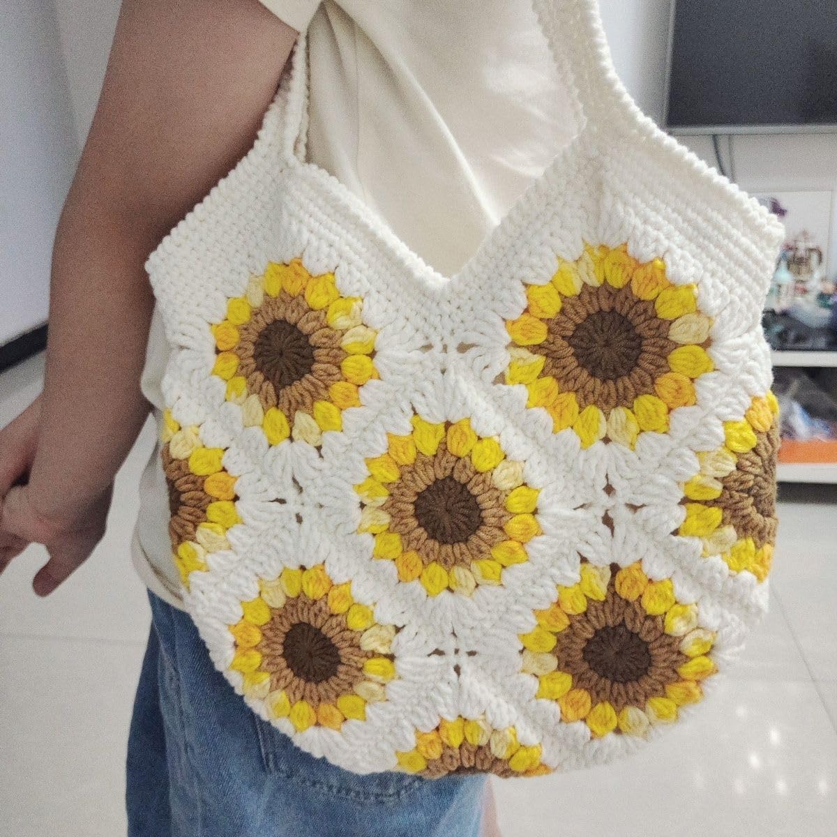 Handmade Women's Purses & Shoulder Bags - Sunflower Crochet Tote Beach Bag for Summer, Large Boho Chic Handbag for Women | Perfect for Beach Outings, Shopping & Casual Daily Use