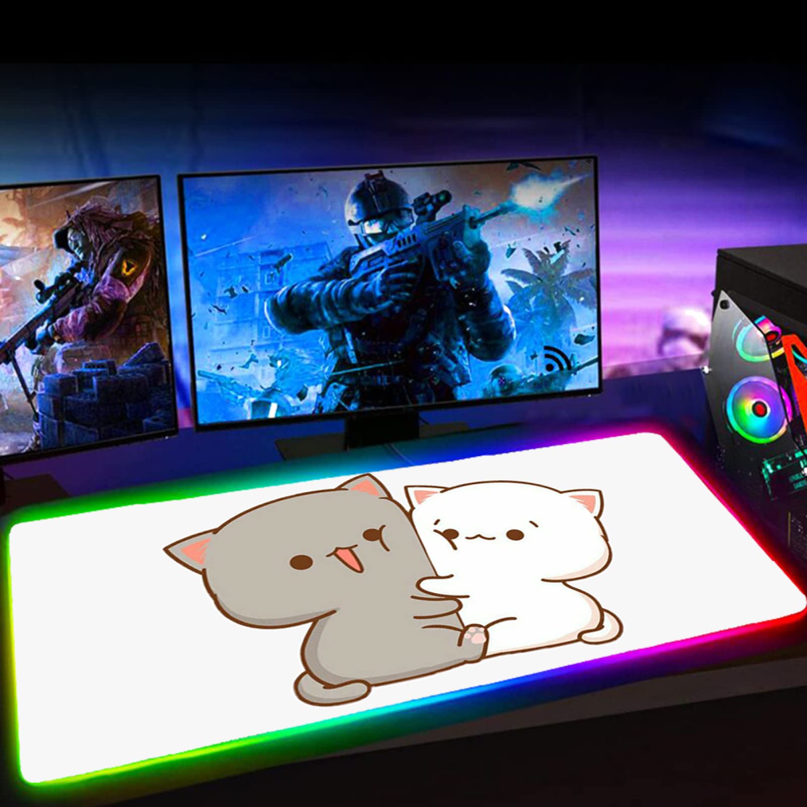 RGB Gaming Mouse Pad with Cute Black & White Cat Design - 19.7x47.2 Inch Large Anime Mousepad for PC, Computer, Keyboard & Desk - Perfect for Gaming, Office Work & Home Use