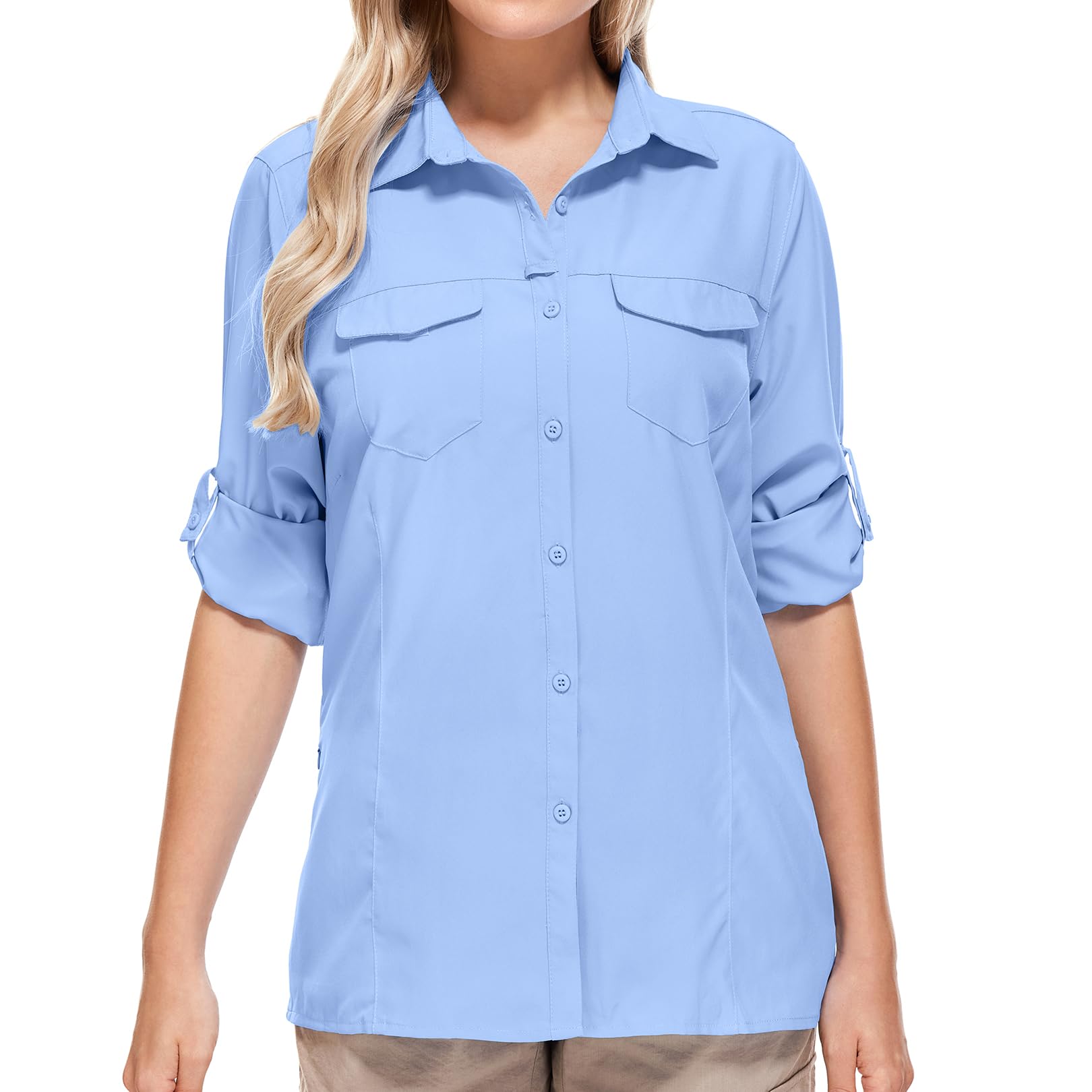 UPF50+ Women's & Men's Sun Protection Fishing Shirts - Long Sleeve Travel & Safari Work Shirts with Zipper Pockets - Perfect for Outdoor Activities, Hiking, and Beach Vacations