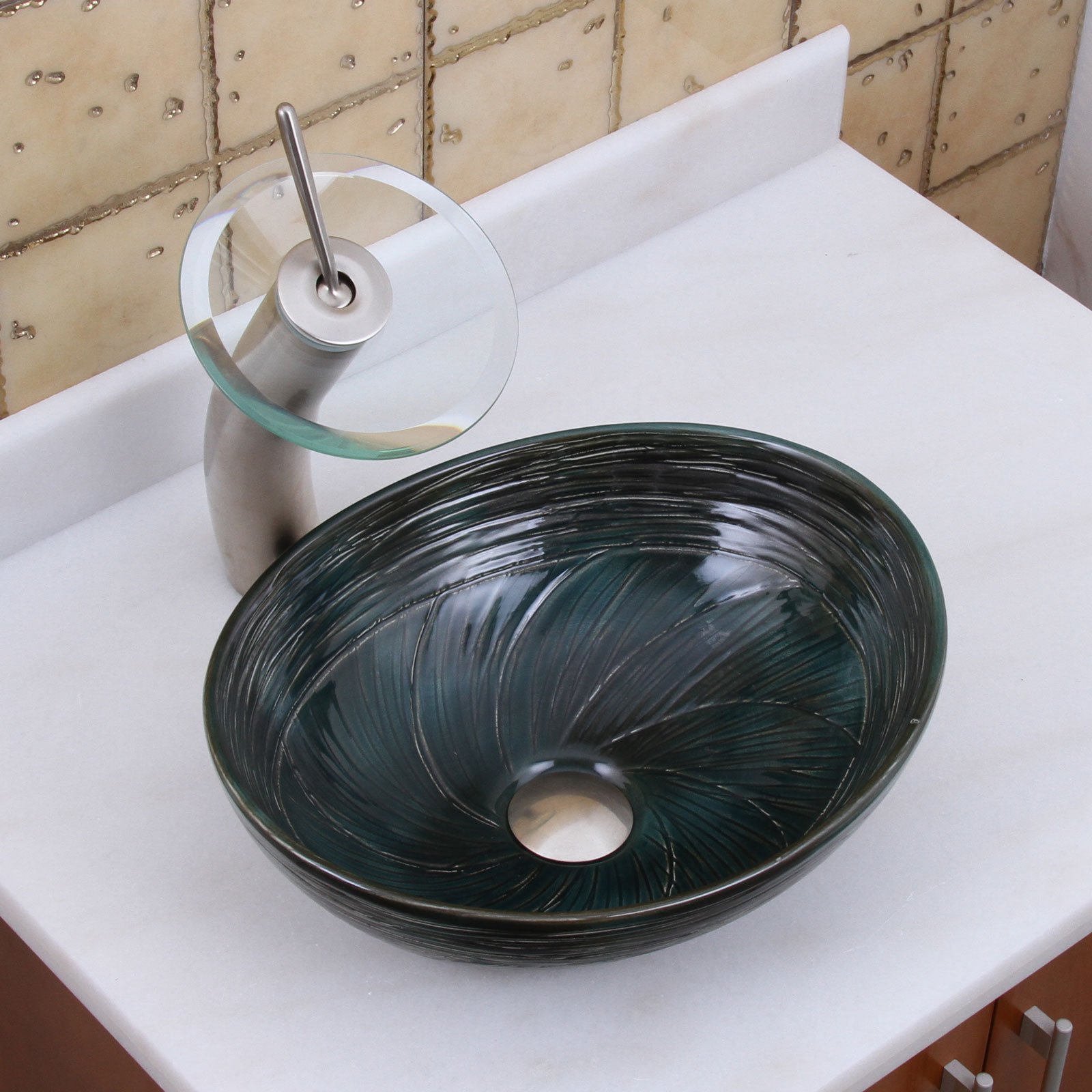 ELITE Oval Dark Green Glazed Porcelain Ceramic Bathroom Vessel Sink with Brushed Nickel Waterfall Faucet - Modern Farmhouse Vanity Sink for Bathroom Remodel & Powder Room Upgrade