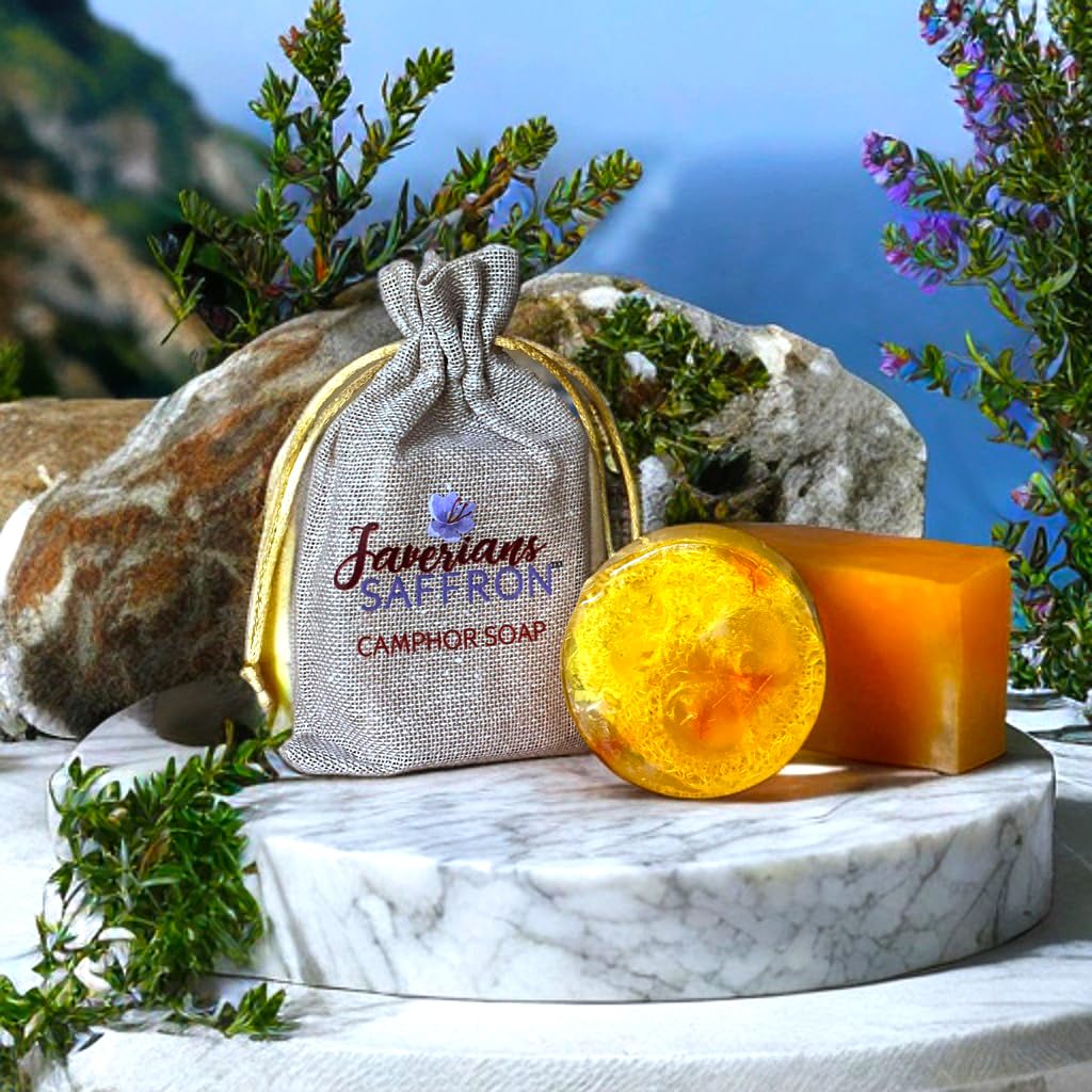 Premium Javerian Saffron Camphor Soap - 100% Natural Handmade Oval Bar (100g) for Glowing Skin & Relaxation - Perfect for Spa, Bath & Gift Giving