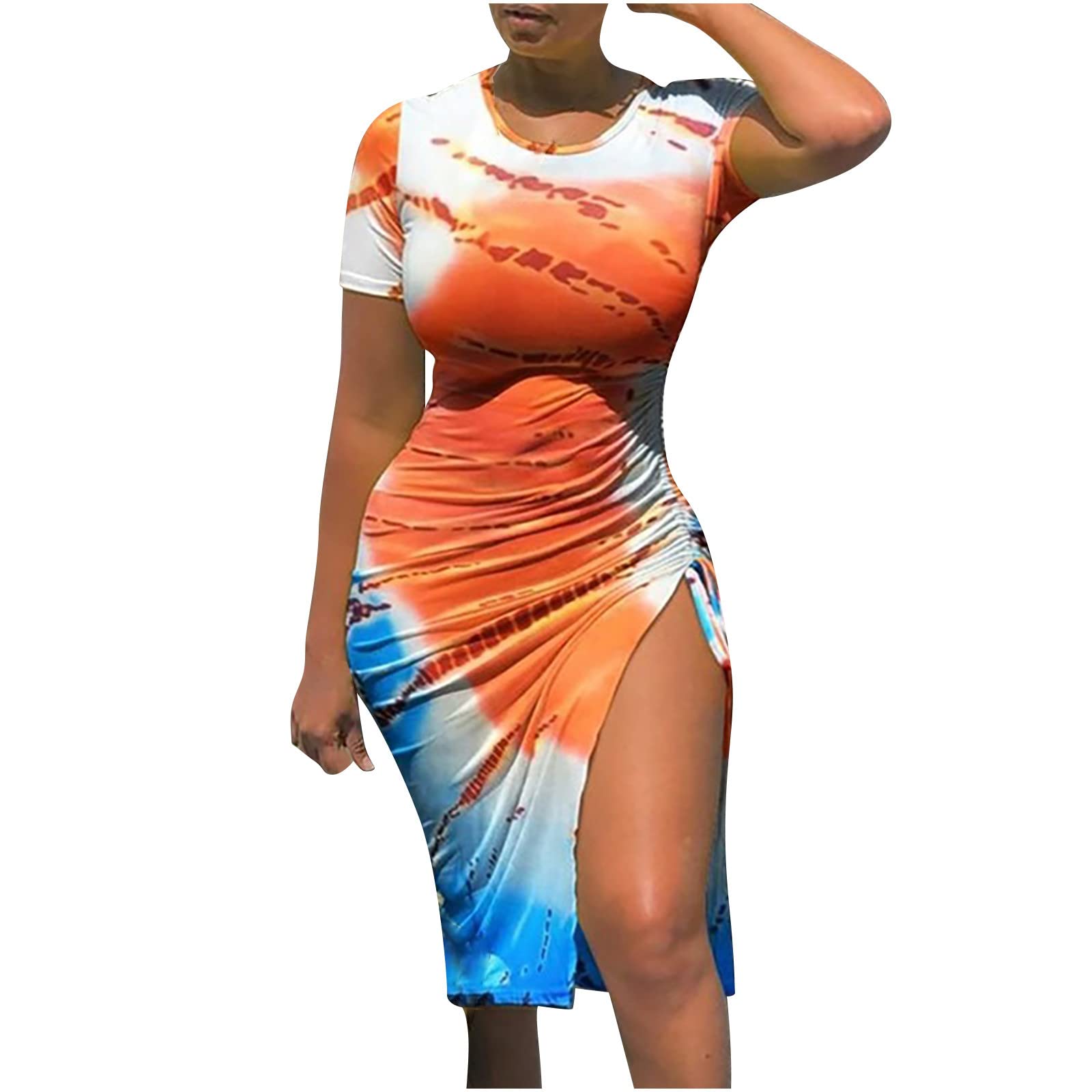 Sexy Bodycon Dresses for Women - Summer Crew Neck Short Sleeve Tie Dye Hip Dress with Side Slit | Clubwear, Night Out, Date Night, Party Dress
