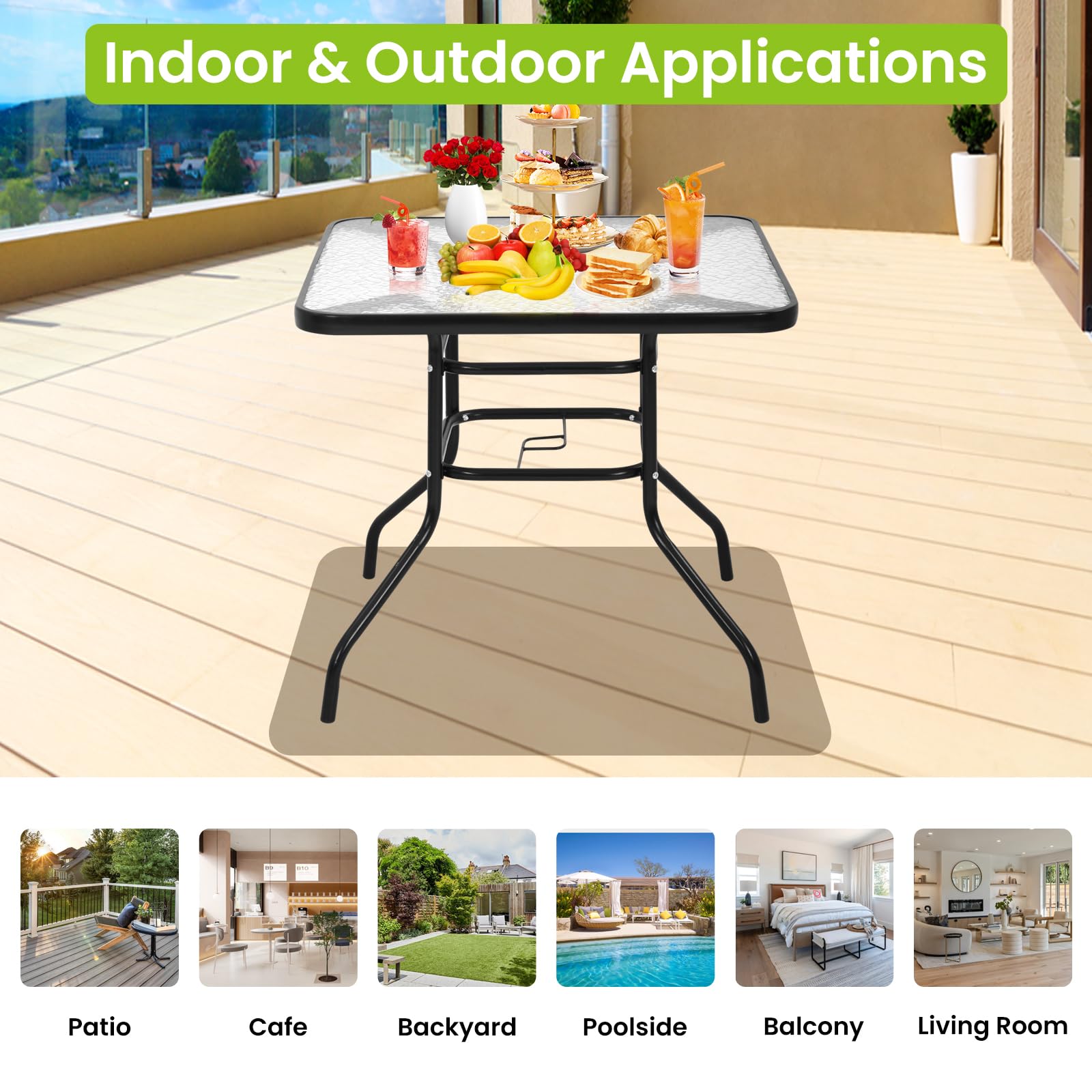 32'' Square Outdoor Bistro Table with Tempered Glass Top & Umbrella Hole - Patio Dining Set for Garden, Lawn, Balcony, Yard, Bars & Restaurants | Perfect for Al Fresco Meals, BBQs & Outdoor Entertaining