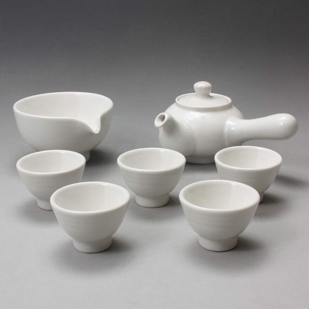 Korean Style Pure White Porcelain Tea Ceremony Set - 11.8oz (350ml) Side Handle Teapot with 5 Cups & Cooling Pitcher - Traditional Ceramic Tea Gift Set for Home, Office & Zen Meditation