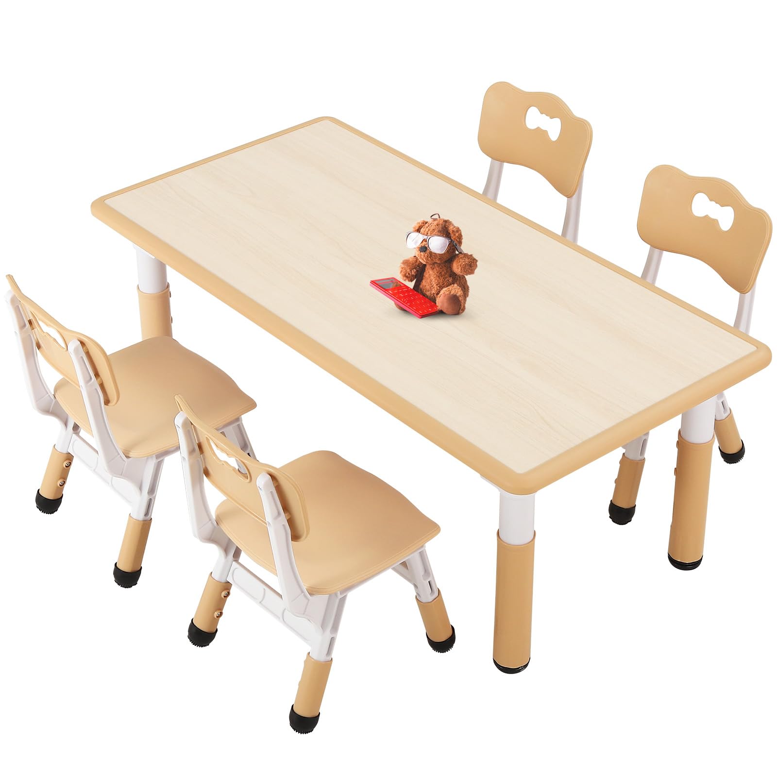 FUNLIO Adjustable Height Kids Table and 4 Chairs Set for Toddlers Ages 3-8 | Easy to Clean Arts & Crafts Table with Wipeable Surface | Perfect for Classrooms, Daycares, Playrooms & Home Use | CPC & CE Certified 5-Piece Set (Natural Wood) - Ideal for Drawing, Learning Activities & Playtime