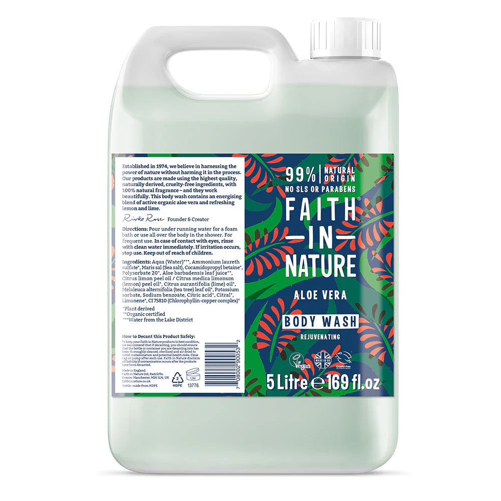 Faith In Nature Aloe Vera Body Wash Refill 5L - Soothing & Hydrating Shower Gel for Sensitive Skin | Eco-Friendly Large Size for Home & Spa Use