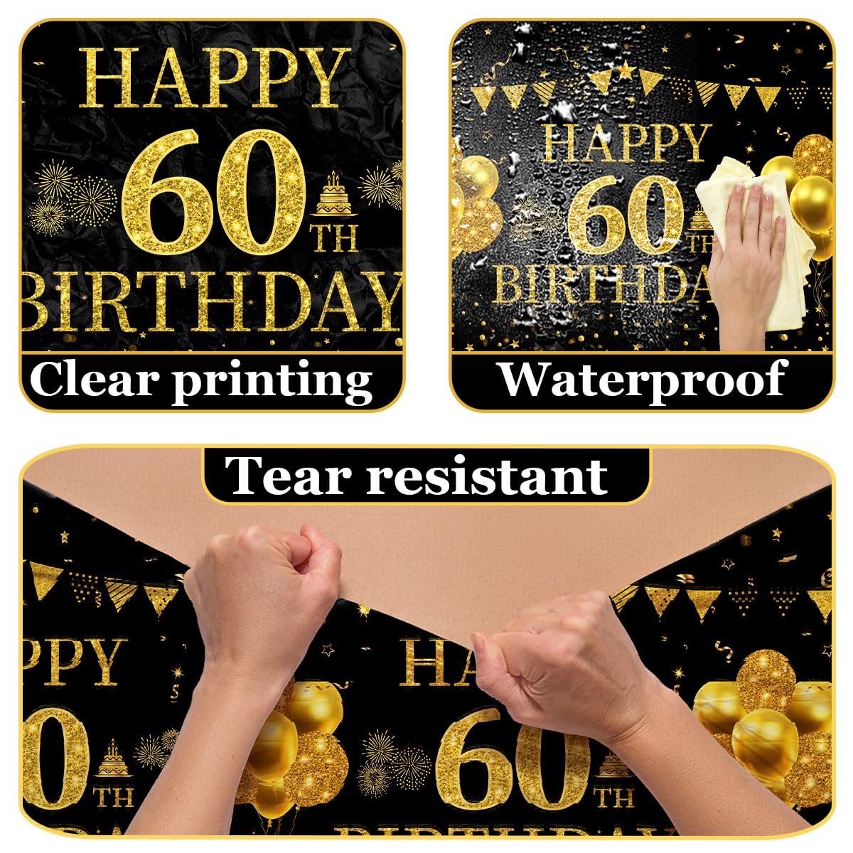 3Pcs Black and Gold 60th Birthday Tablecloth Set - Elegant Rectangle Table Decor for 60 Year Old Birthday Party, Anniversary Celebration & Retirement Party Decorations - Perfect for Dining Table, Buffet Table, and Dessert Table Setup