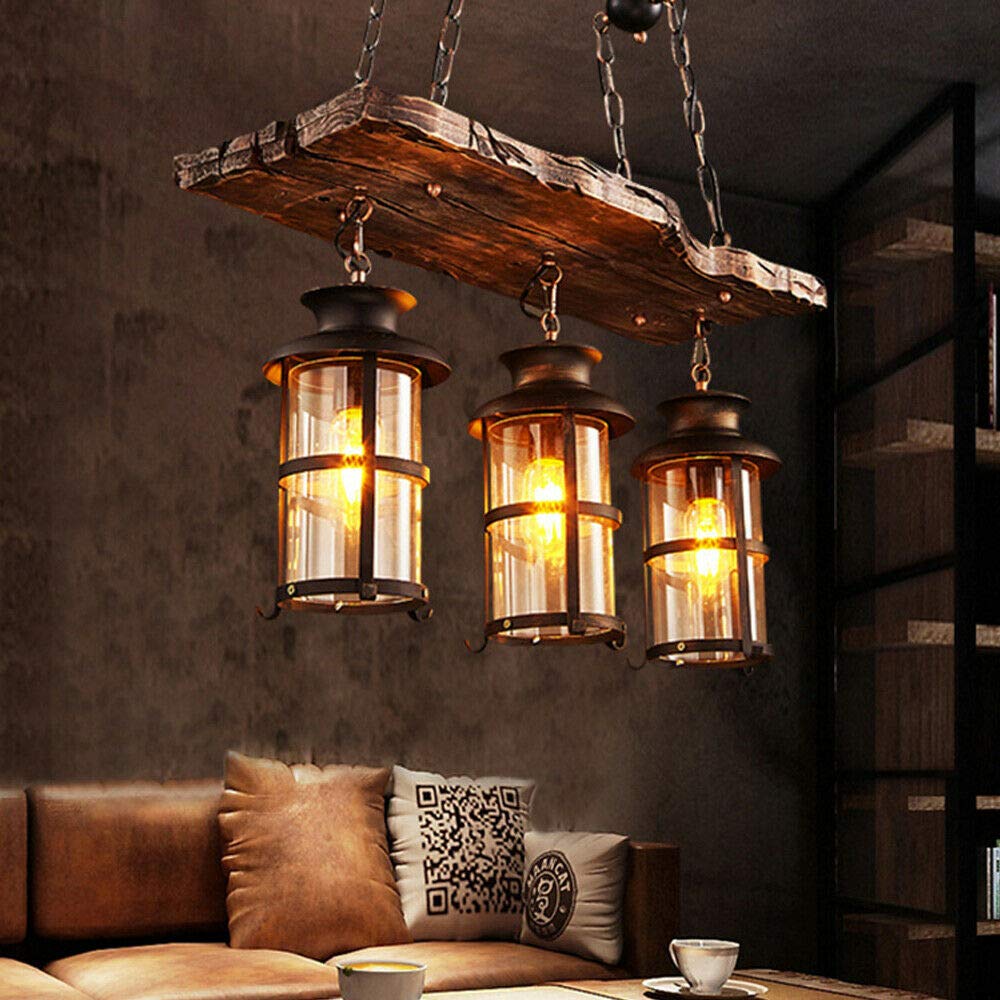 Rustic Farmhouse Chandelier - Wood & Industrial Metal Pendant Light Fixture with 3-Light E26/E27 Base for Dining Room, Kitchen or Living Room Ceiling Lighting