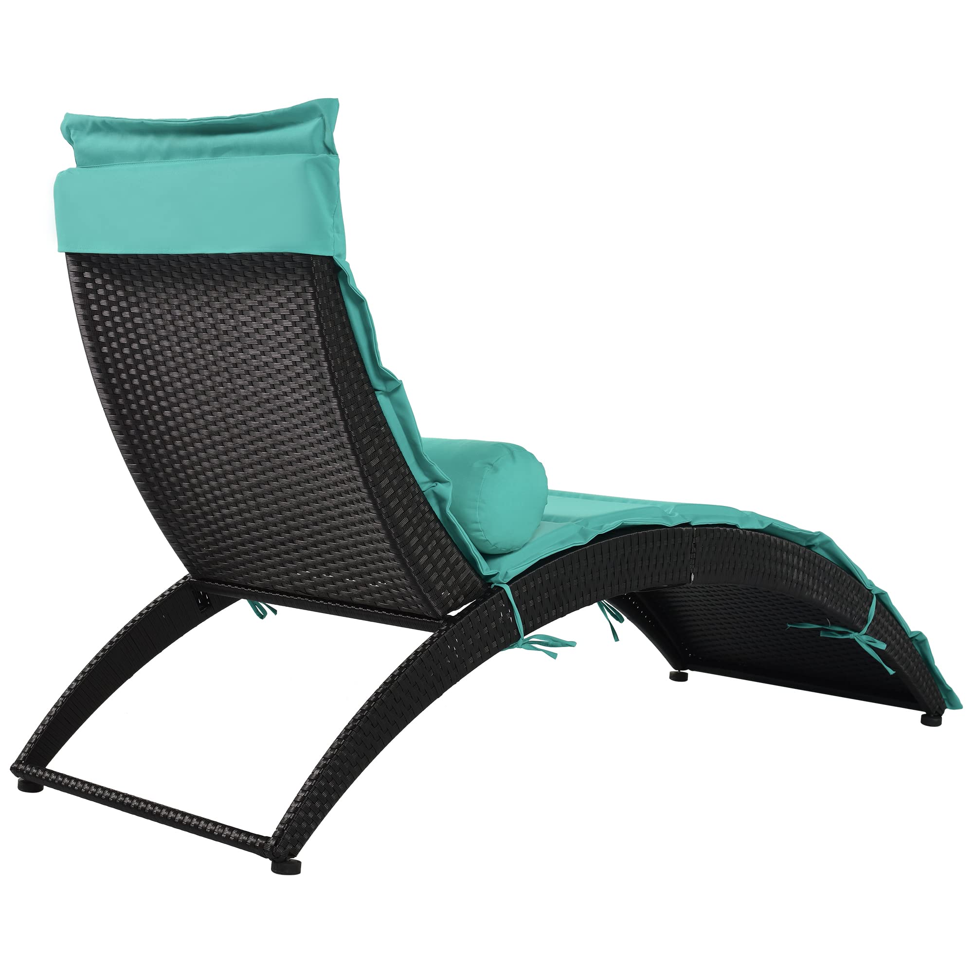 Foldable PE Rattan Sun Lounger Chair with Removable Cushion & Bolster Pillow - Outdoor Patio Furniture for Backyard, Garden, Poolside, or Balcony - Wicker Chaise Lounge in Black & Turquoise for Ultimate Relaxation