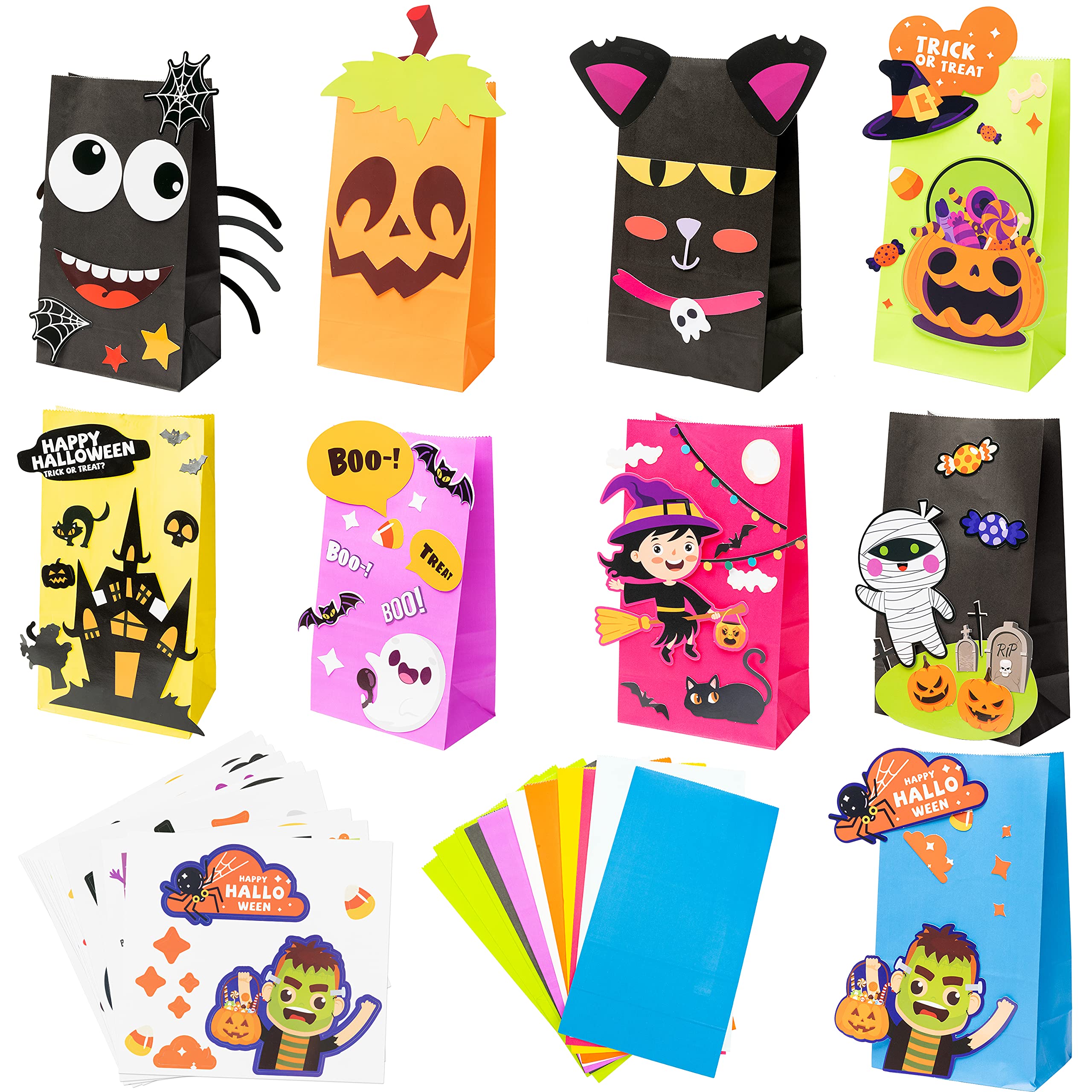 15pcs Halloween Paper Bag Craft Kit - DIY Pumpkin, Vampire, Bat, Castle Treat Bags with 15 Character Designs for Kids, Trick or Treat Party Favors, Classroom Activities & Halloween Decorations