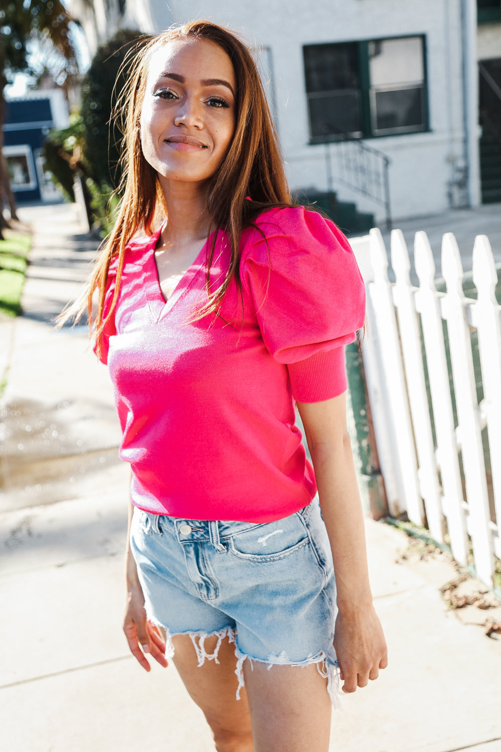 Be Bold Solid Fuchsia Shirred Puff Sleeve Sweater Top | Women's Fashion Knitwear | Perfect for Date Night & Fall Layering