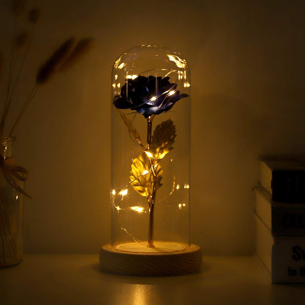 Preserved Eternal Rose Flower in Glass Dome with LED Lights - Blue Hakeeta Rose Gift for Girlfriend, Valentine's Day, Mother's Day | Romantic Home Decor, Wedding Centerpiece, Anniversary Present