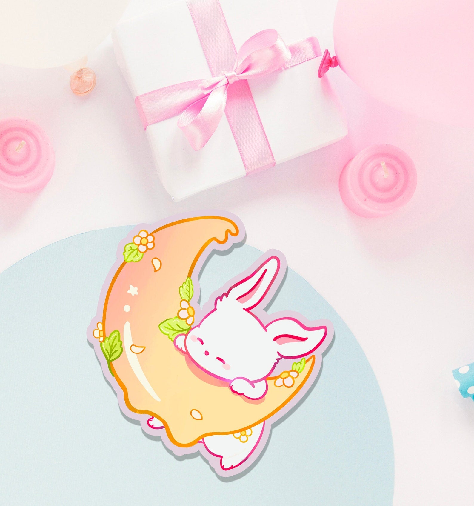 Bunny Melting Moon Sticker - Cute Rabbit Vinyl Decal for Laptops, Water Bottles & DIY Crafts - Perfect for Scrapbooking, Journals & Room Decor