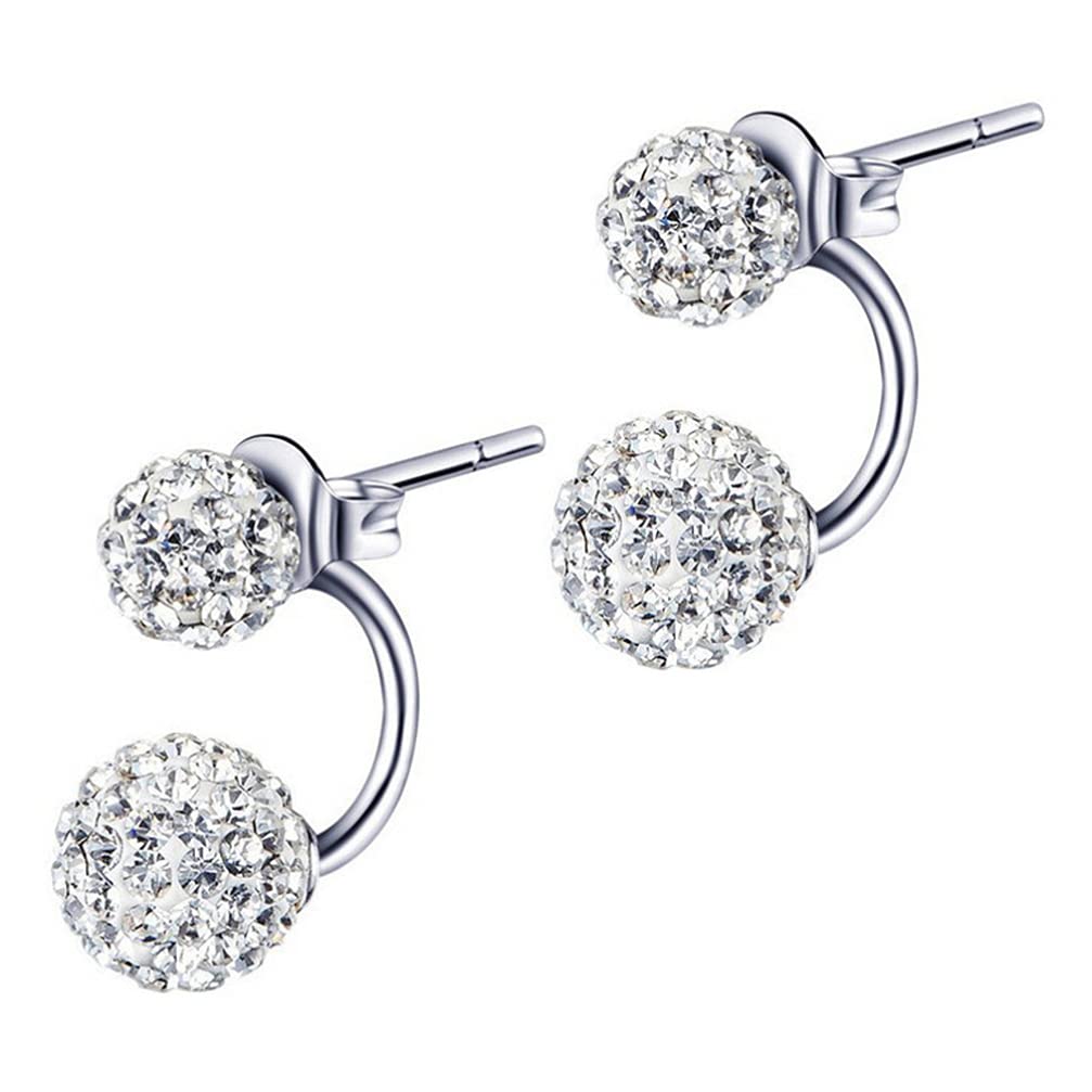 925 Sterling Silver Double Ball Rhinestone Stud Earrings for Women - 2 in 1 Front & Back Crystal Earrings | Shiny Glittering Piercing Jewelry for Daily Wear, Parties & Special Occasions