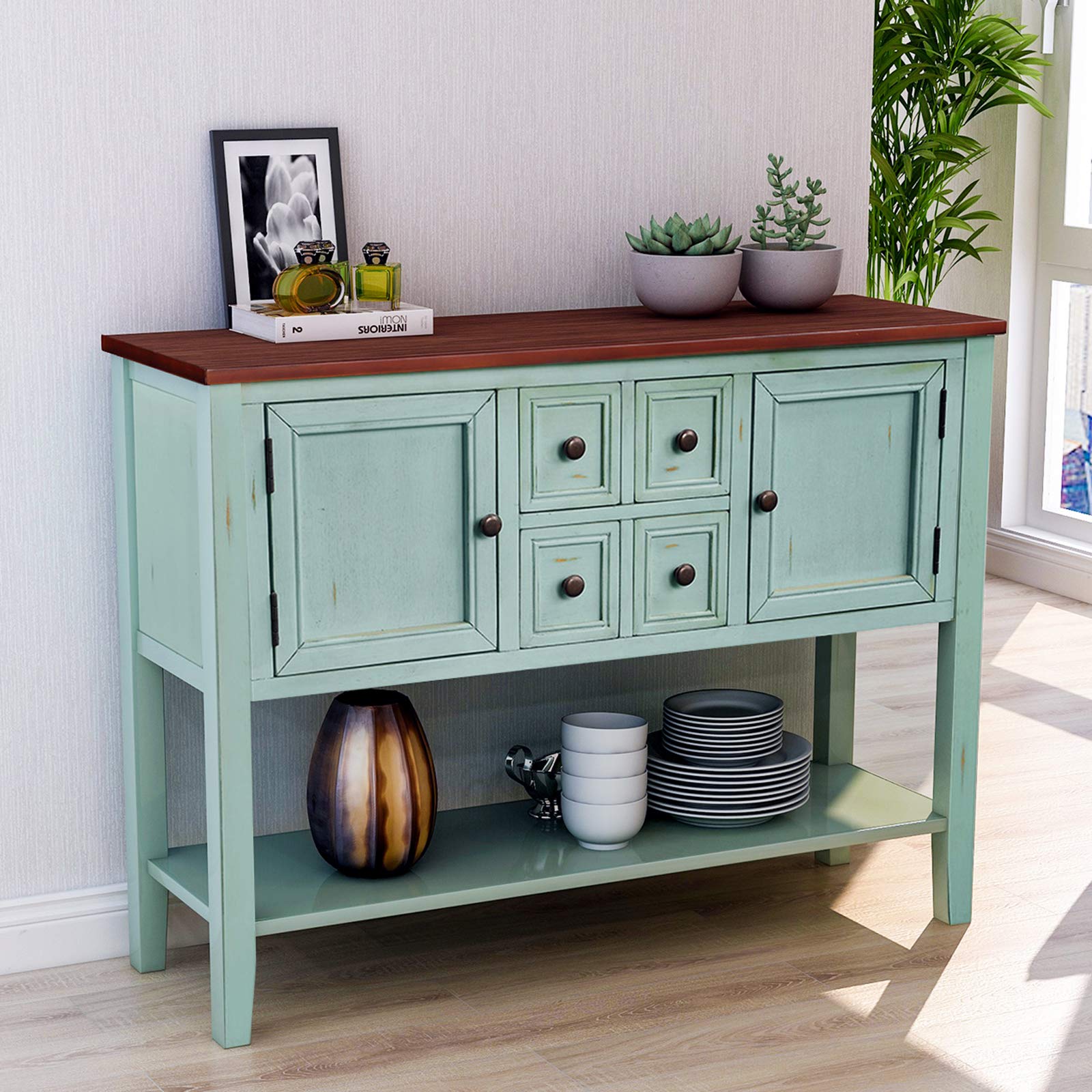 P PURLOVE Antique Blue Console Table with Storage Drawers & Cabinets - Entryway Sofa Table, Buffet Server for Dining Room, Hallway Organizer with Bottom Shelf