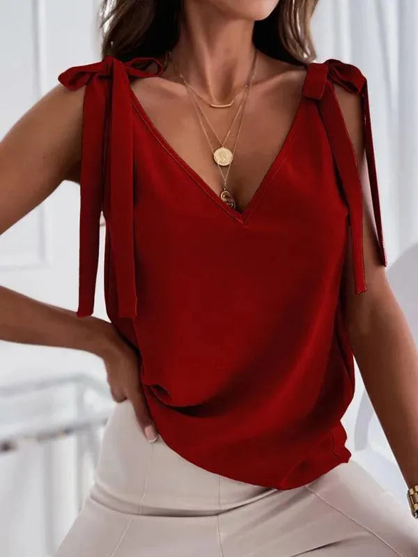 Women's Bow V-Neck Knit Tank Top - Soft Stretchy Summer Casual Wear for Beach, Office & Everyday Outfits