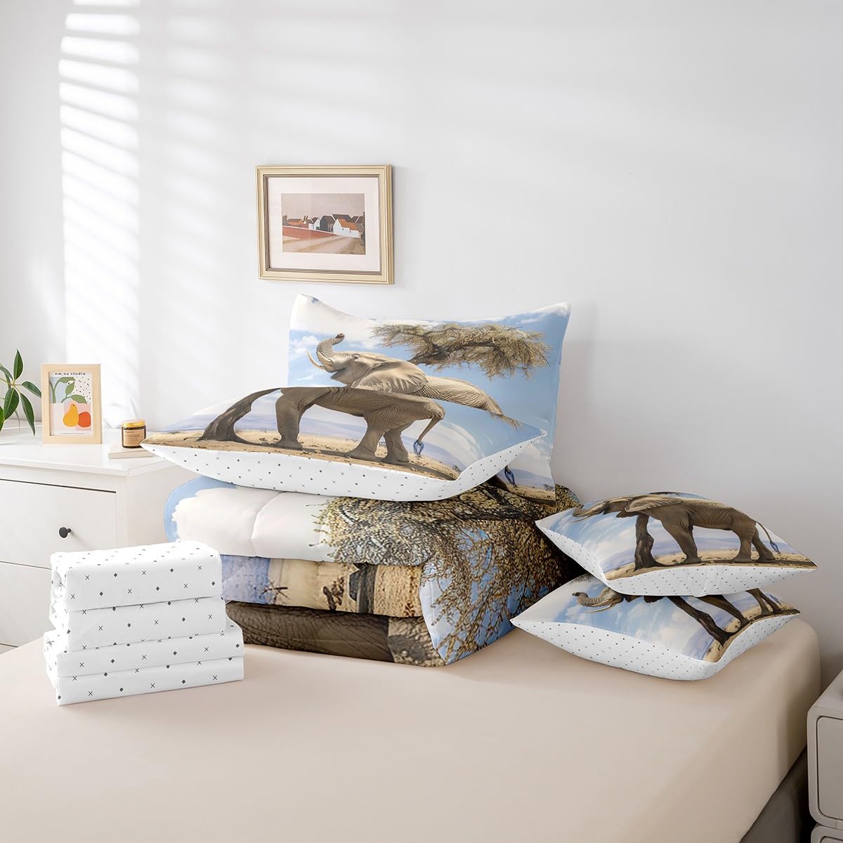 King Size Elephant Bedding Set for Kids & Adults - 7 Piece African Safari Wildlife Comforter Set with Pillowcases | Jungle Theme Bed in A Bag | Perfect for Nursery, Teen Room & Wildlife Lovers